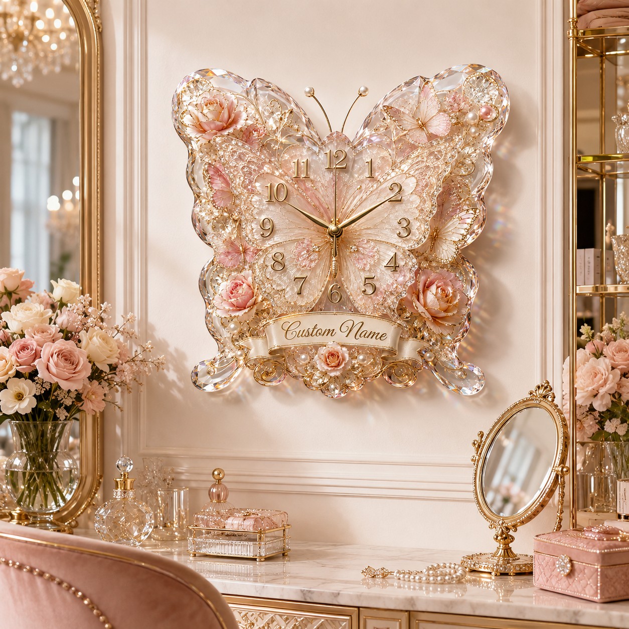 Personalized Butterfly Banner Wall Clock with Custom Name — personalized with a custom name