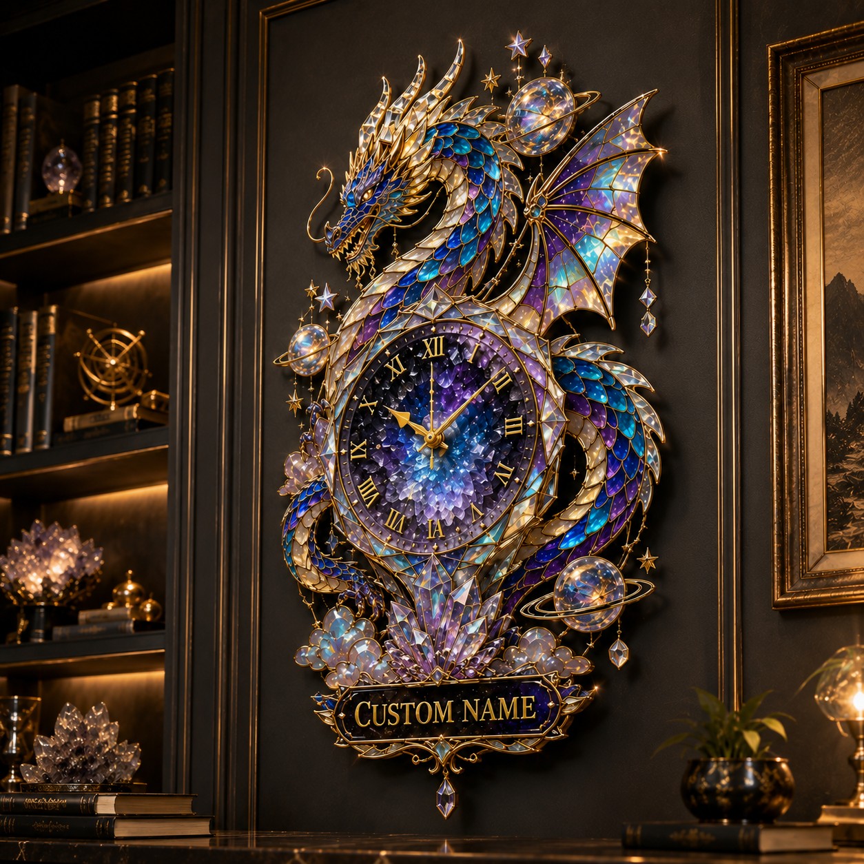 Personalized Galaxy Dragon Wall Clock with Custom Name — personalized with a custom name