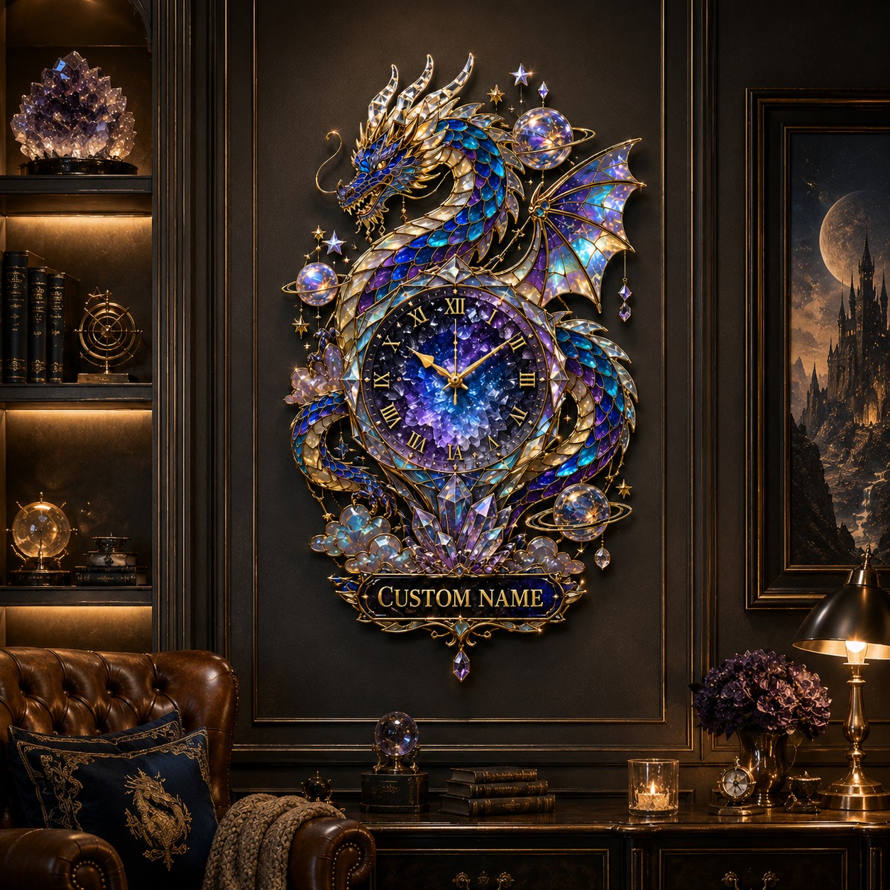 Personalized Galaxy Dragon Wall Clock with Custom Name — personalized with a custom name