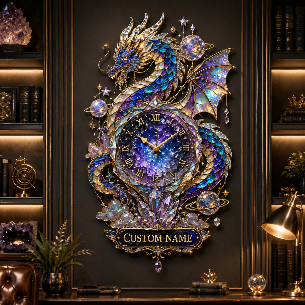 Personalized Galaxy Dragon Wall Clock with Custom Name — personalized with a custom name