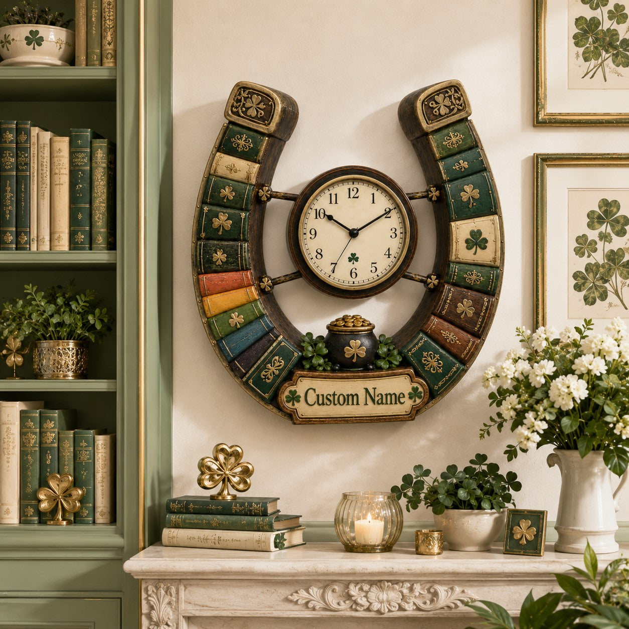 Personalized St. Patrick Lucky Library Horseshoe Wall Clock — personalized with a custom name