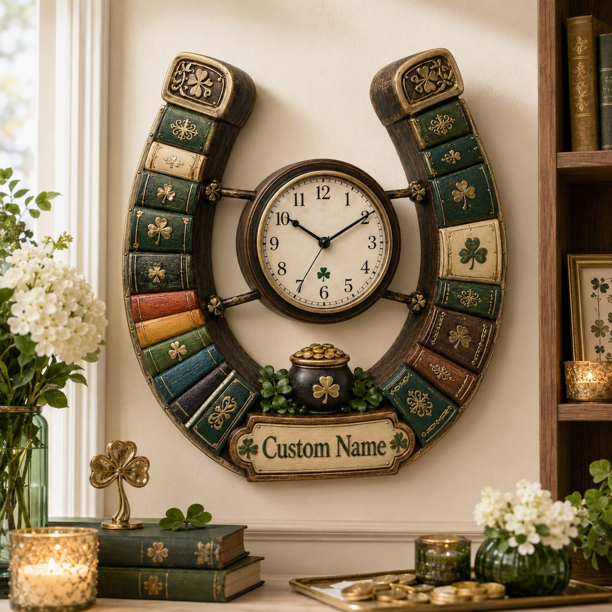 Personalized St. Patrick Lucky Library Horseshoe Wall Clock — personalized with a custom name