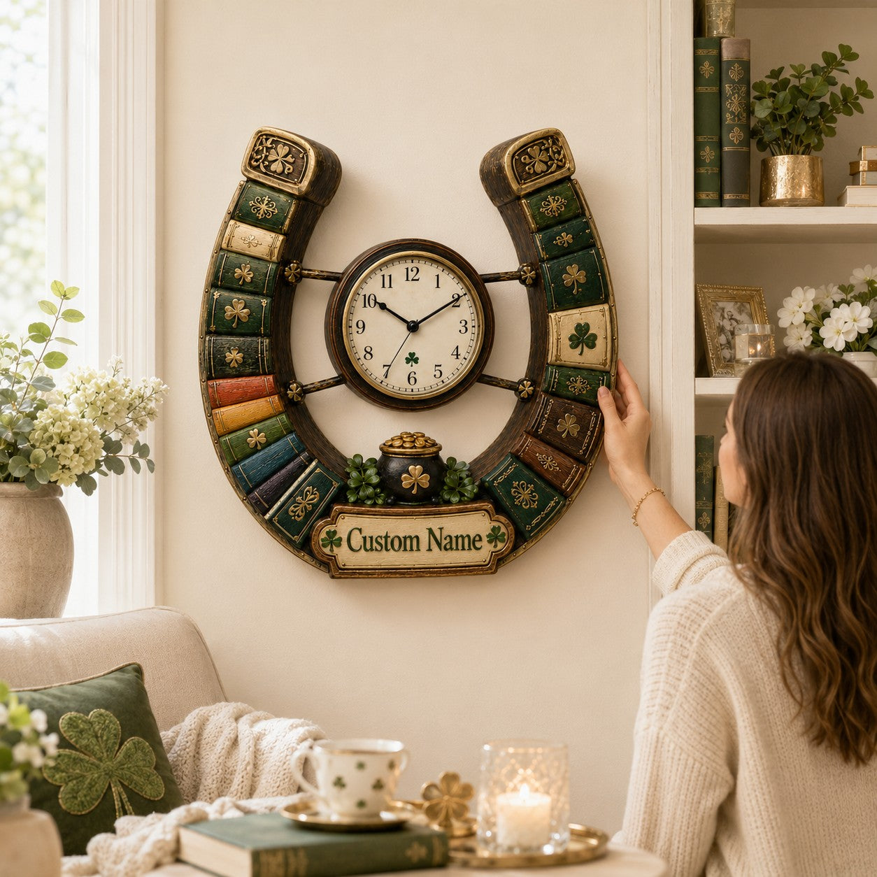 Personalized St. Patrick Lucky Library Horseshoe Wall Clock — personalized with a custom name