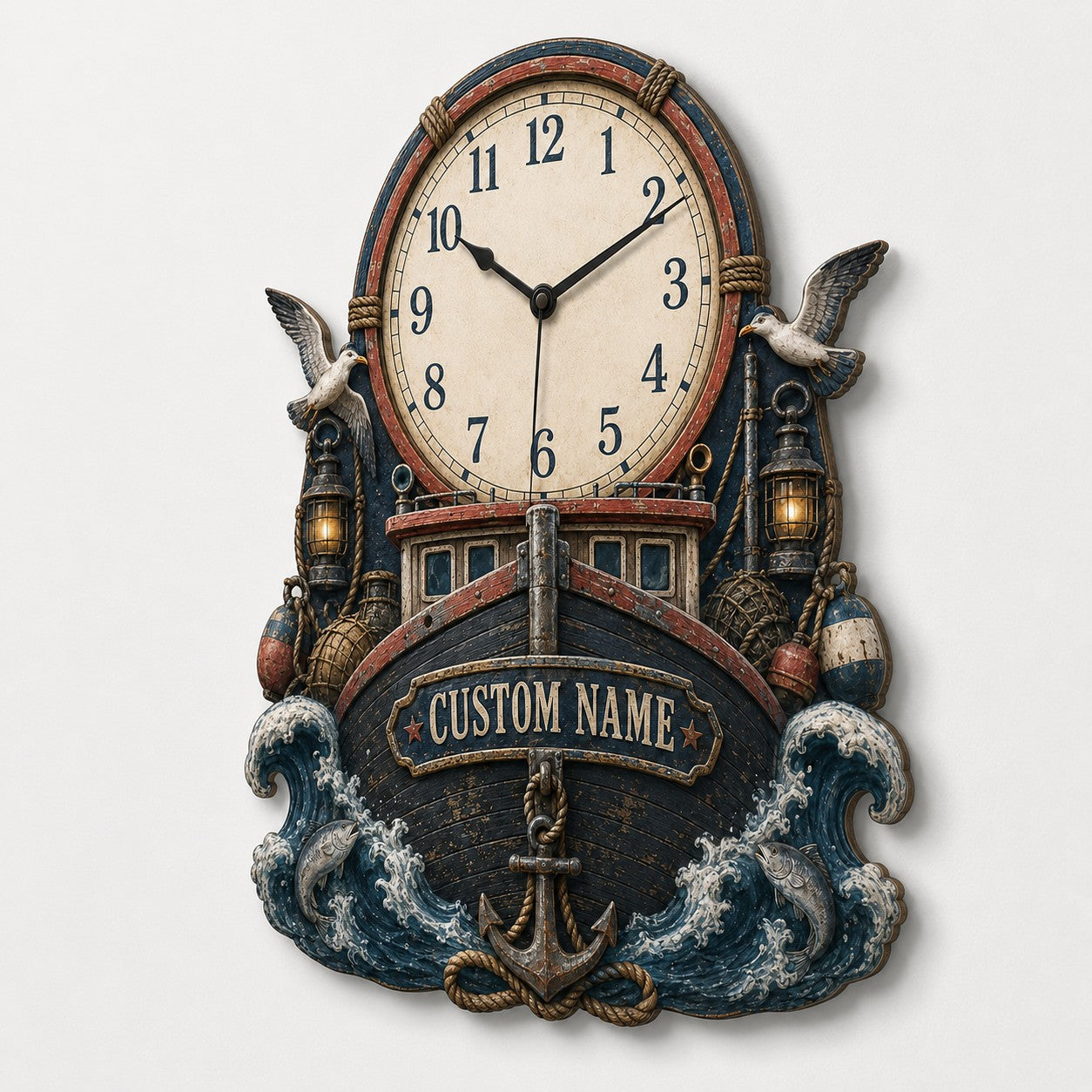 Personalized Commercial Fishing Crews Wall Clock with Custom Name — personalized with a custom name