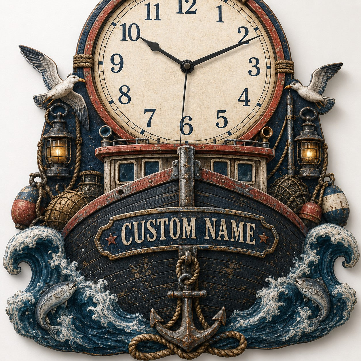 Personalized Commercial Fishing Crews Wall Clock with Custom Name — personalized with a custom name