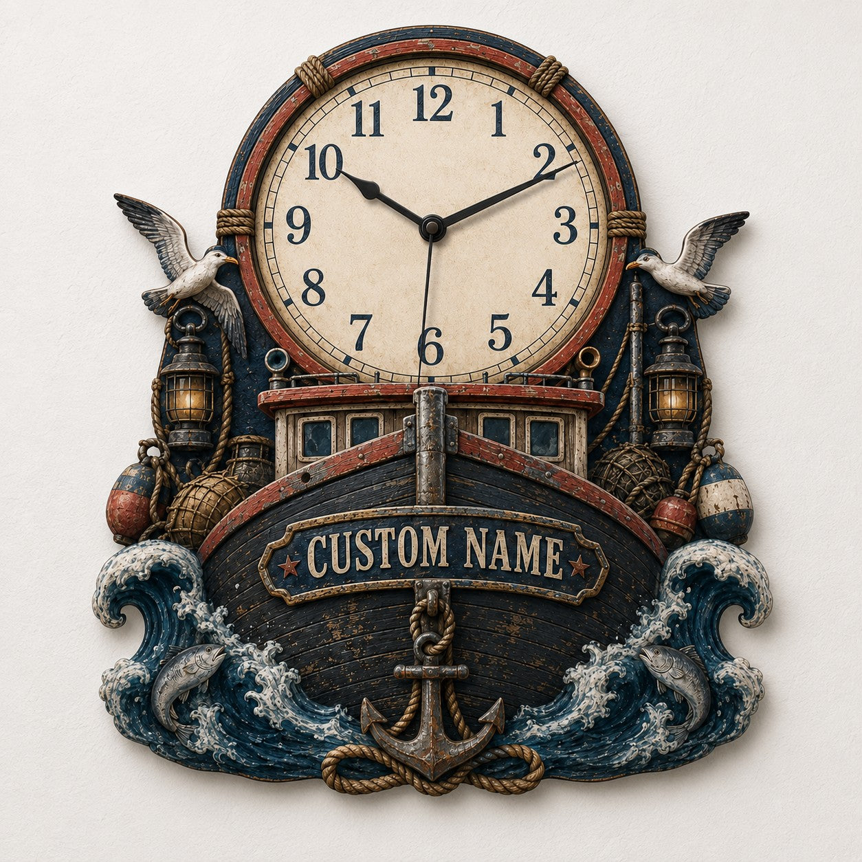 Personalized Commercial Fishing Crews Wall Clock with Custom Name — personalized with a custom name