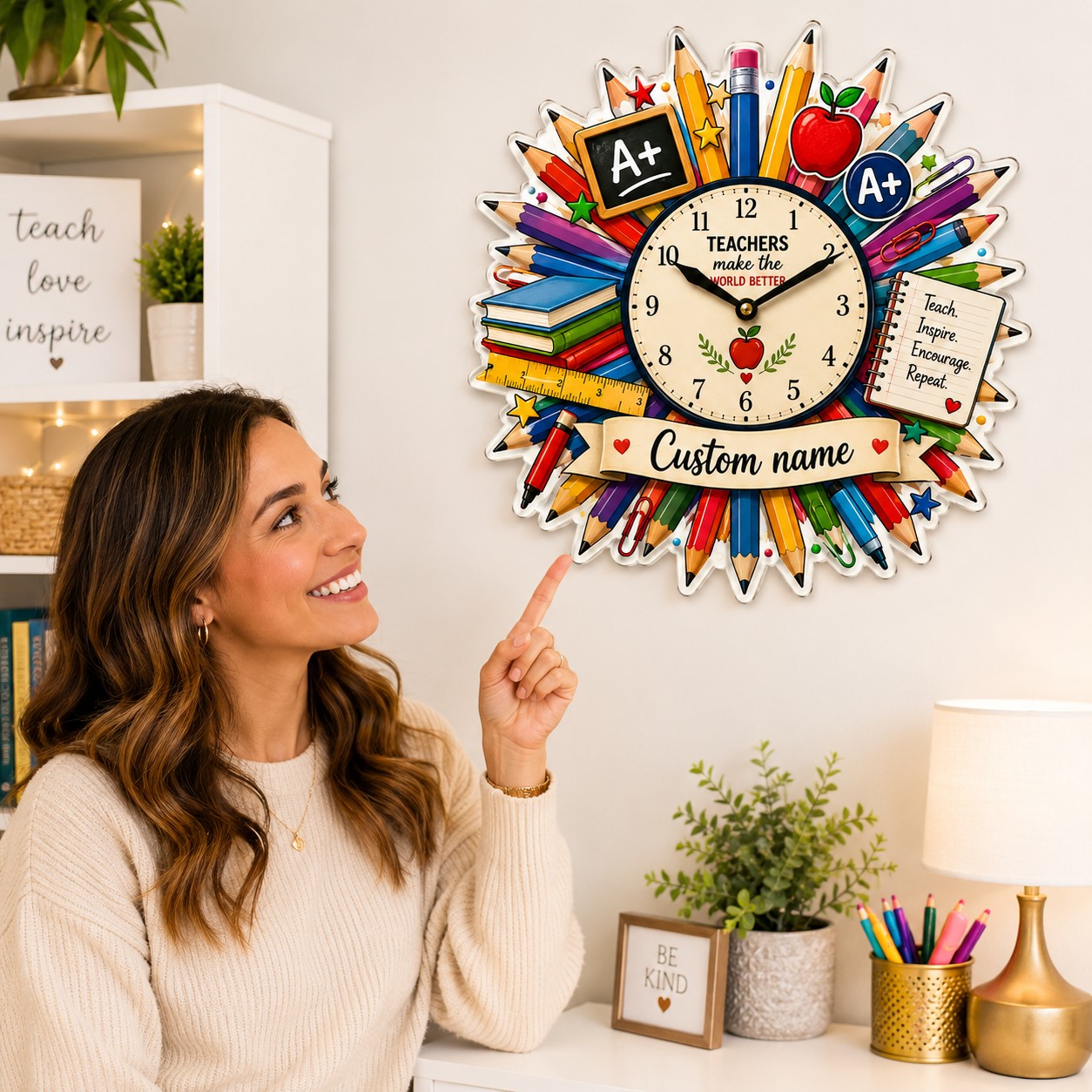 Personalized Teacher Pencil Wall Clock, Custom Name Gift for Teachers — personalized with a custom name