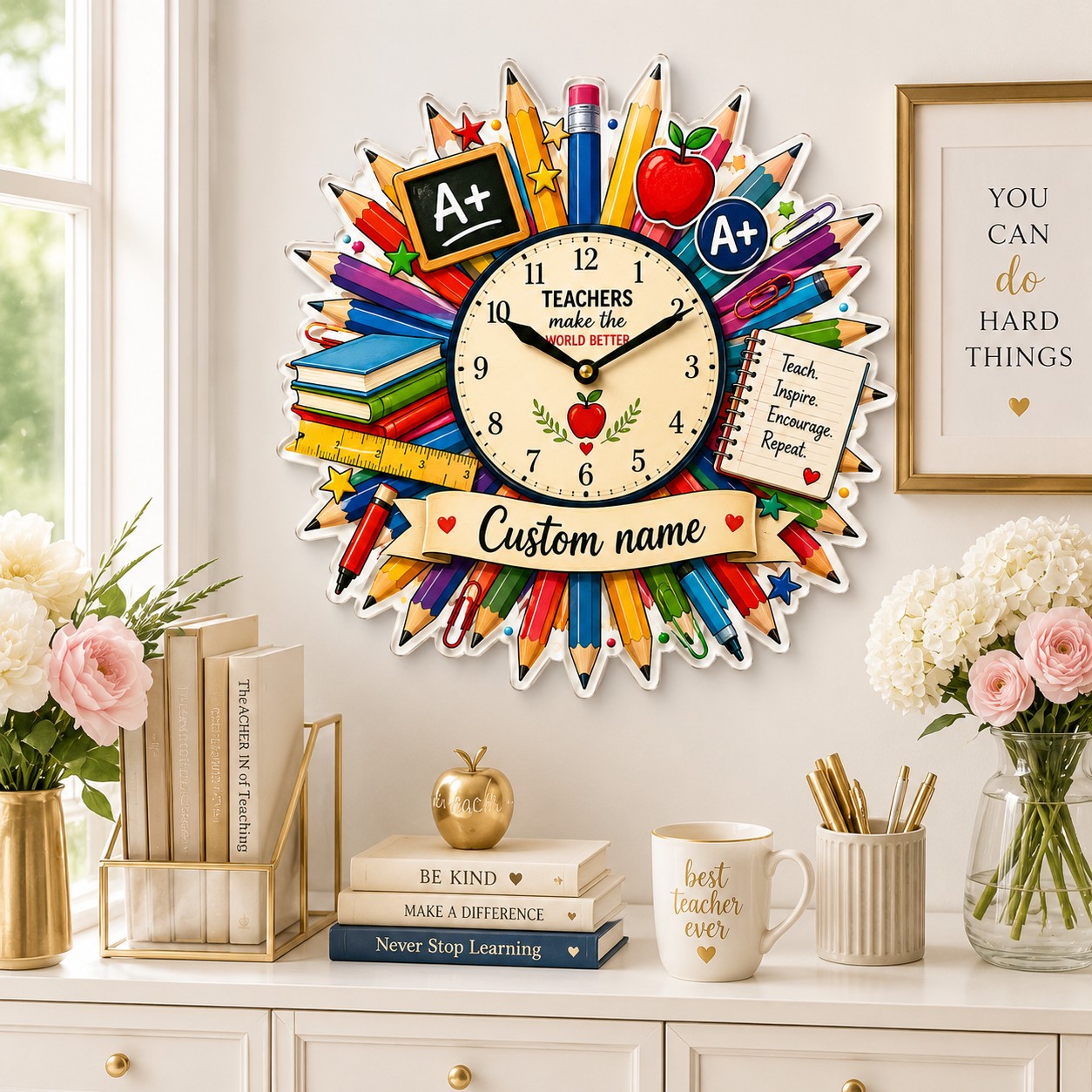 Personalized Teacher Pencil Wall Clock, Custom Name Gift for Teachers — personalized with a custom name