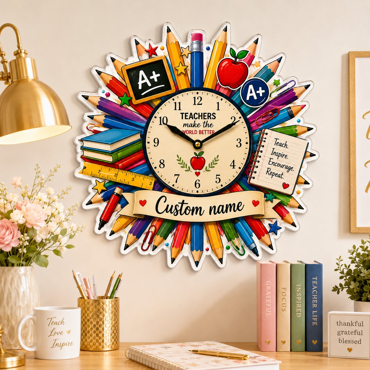 Personalized Teacher Pencil Wall Clock, Custom Name Gift for Teachers — personalized with a custom name