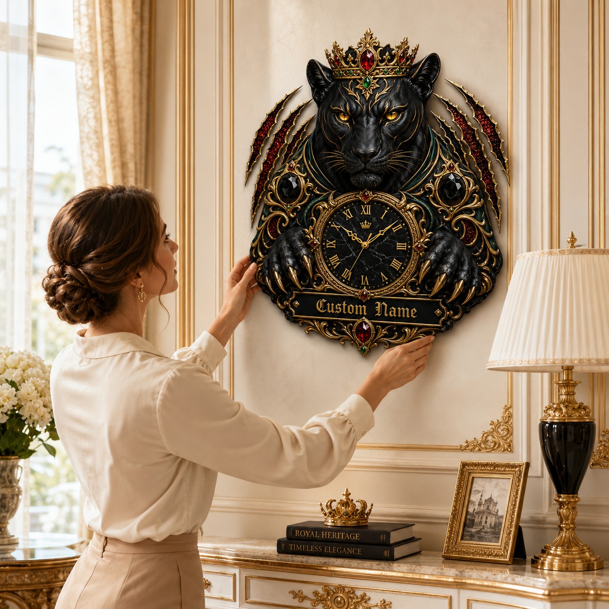 Personalized Crowned Black Panther Wall Clock with Custom Name — personalized with a custom name