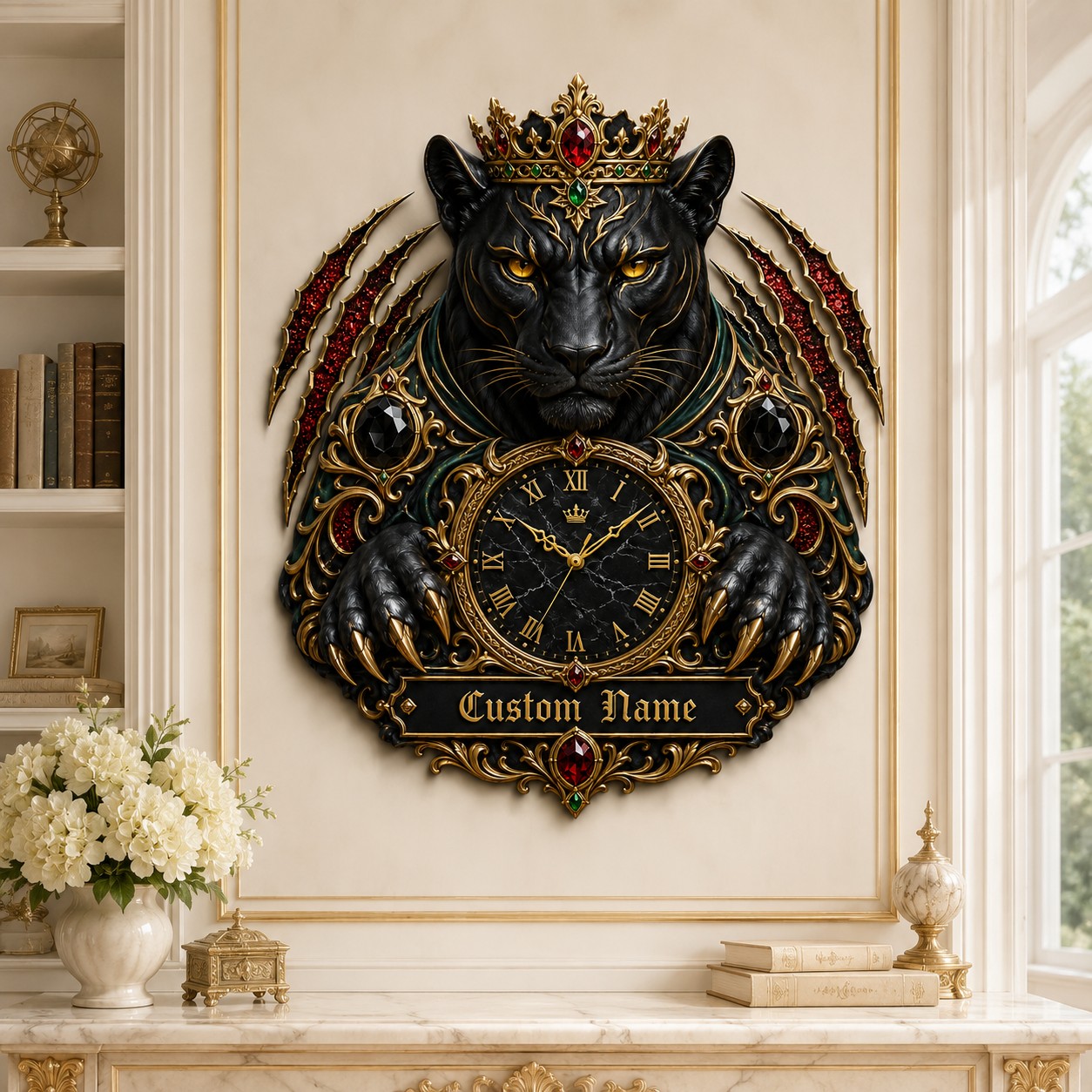 Personalized Crowned Black Panther Wall Clock with Custom Name — personalized with a custom name