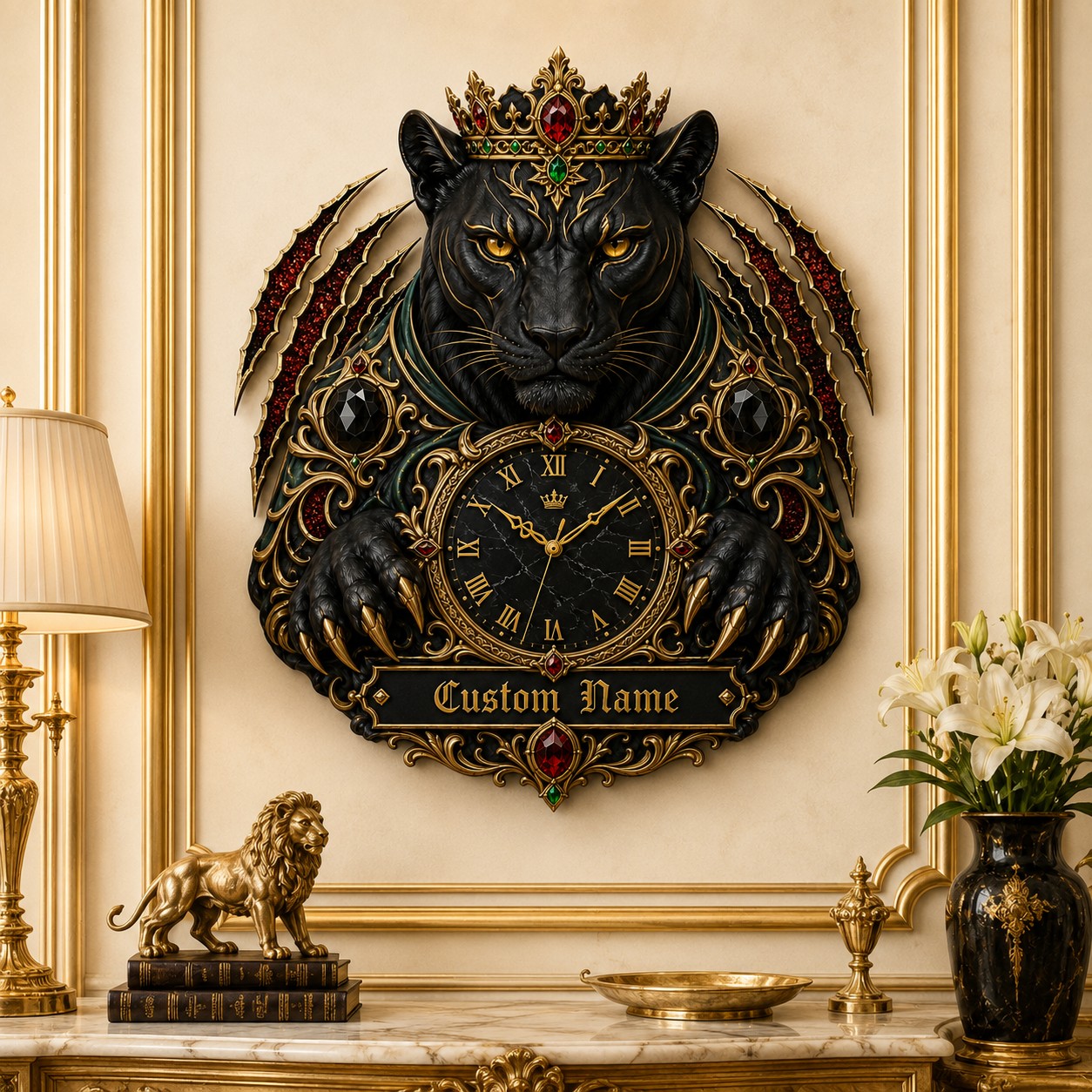 Personalized Crowned Black Panther Wall Clock with Custom Name — personalized with a custom name