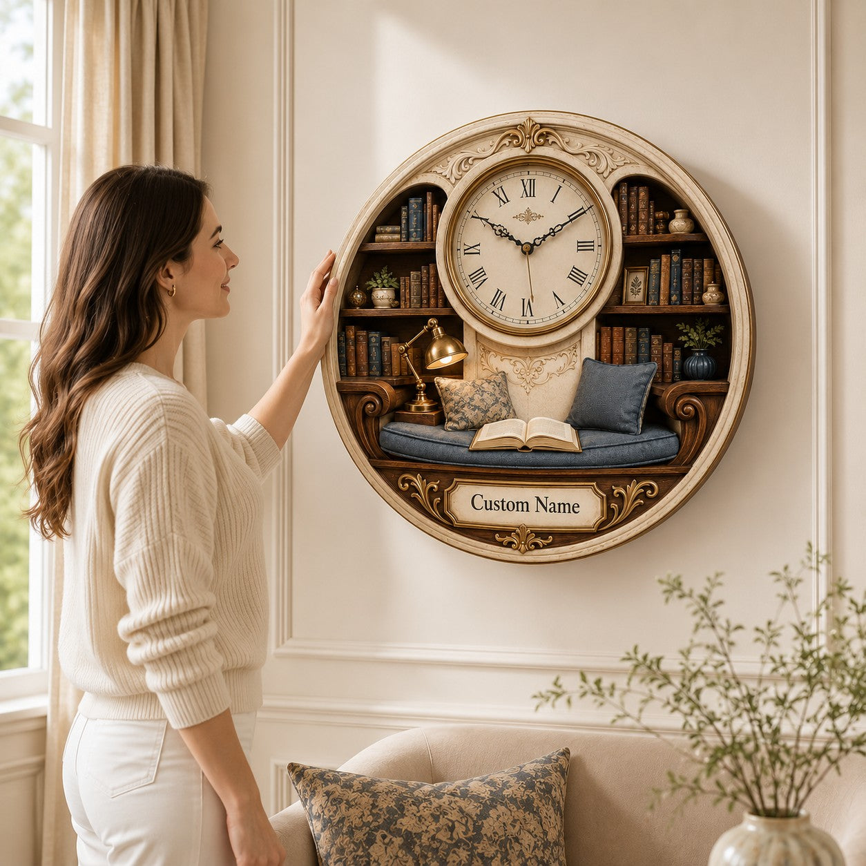 Personalized Reading Alcove Wall Clock with Custom Name — personalized with a custom name