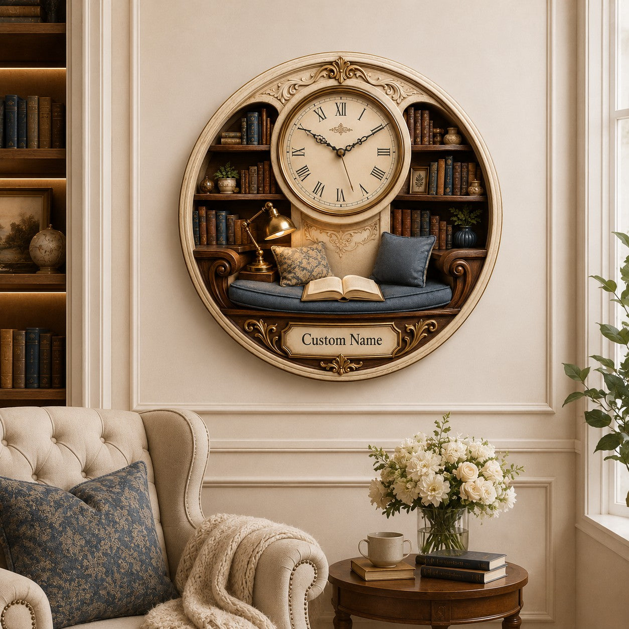 Personalized Reading Alcove Wall Clock with Custom Name — personalized with a custom name