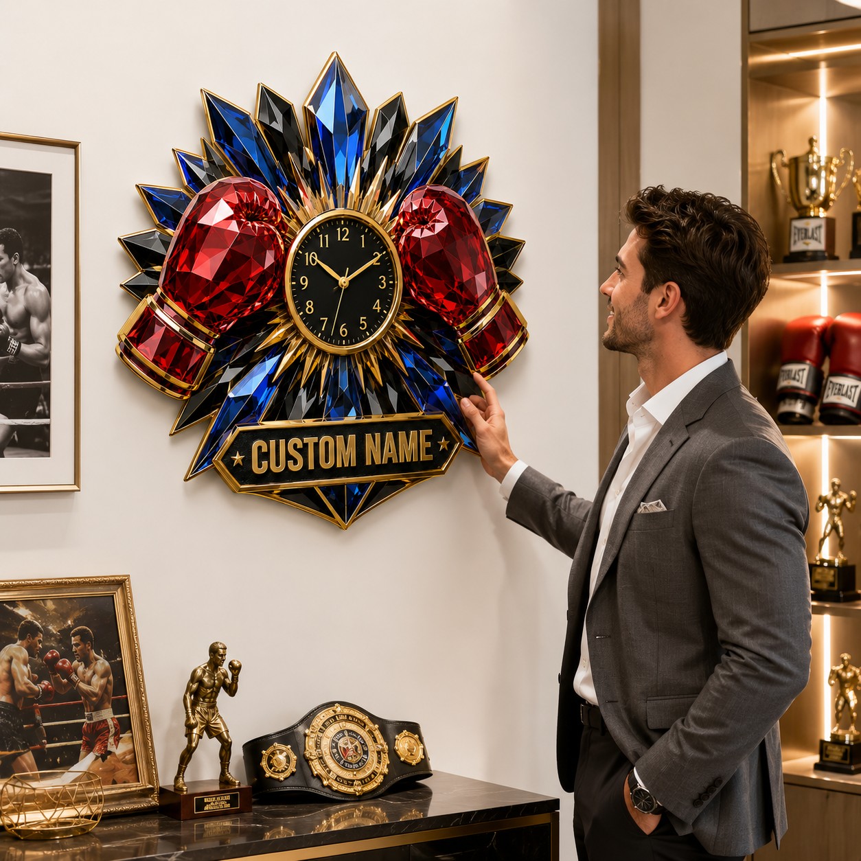 Personalized Boxing Gloves Wall Clock with Custom Name — personalized with a custom name
