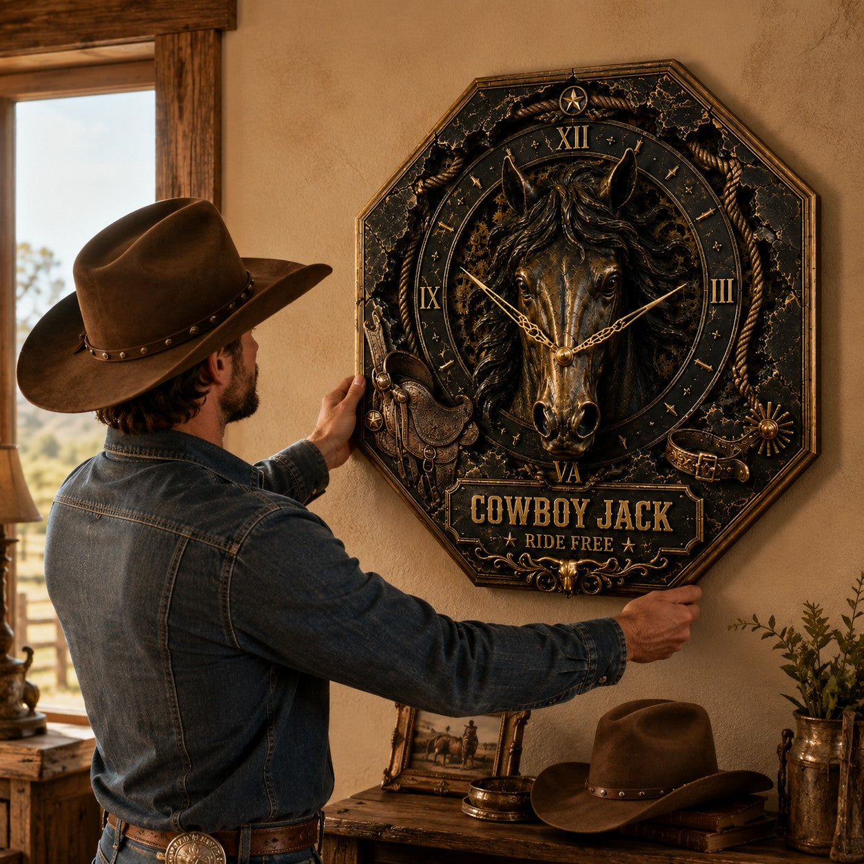 Personalized Western Cowboy Horse Wall Clock with Custom Name — personalized with a custom name
