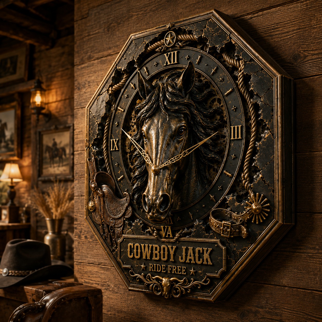 Personalized Western Cowboy Horse Wall Clock with Custom Name — personalized with a custom name