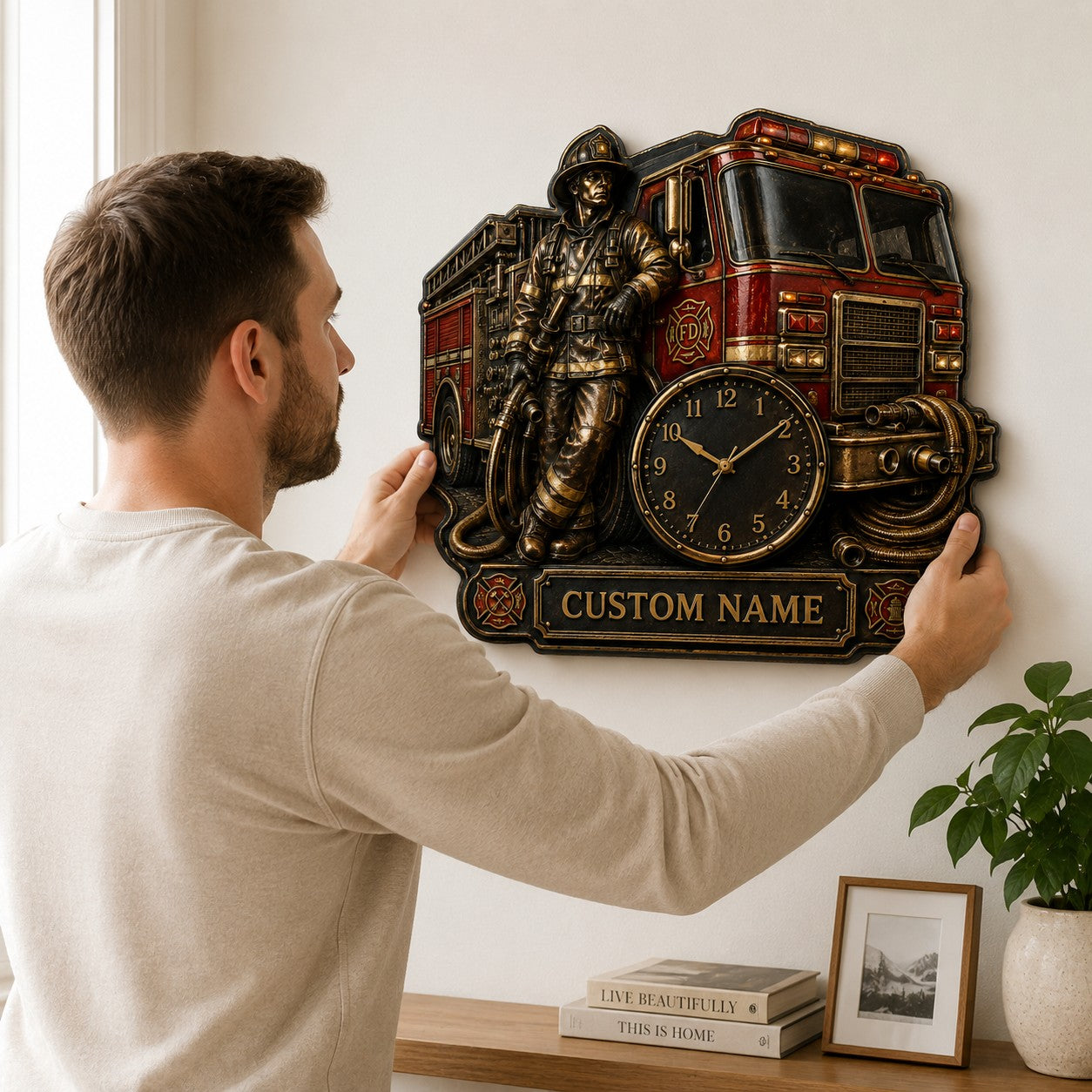 Personalized Fire Engine Collectors Wall Clock with Custom Name — personalized with a custom name