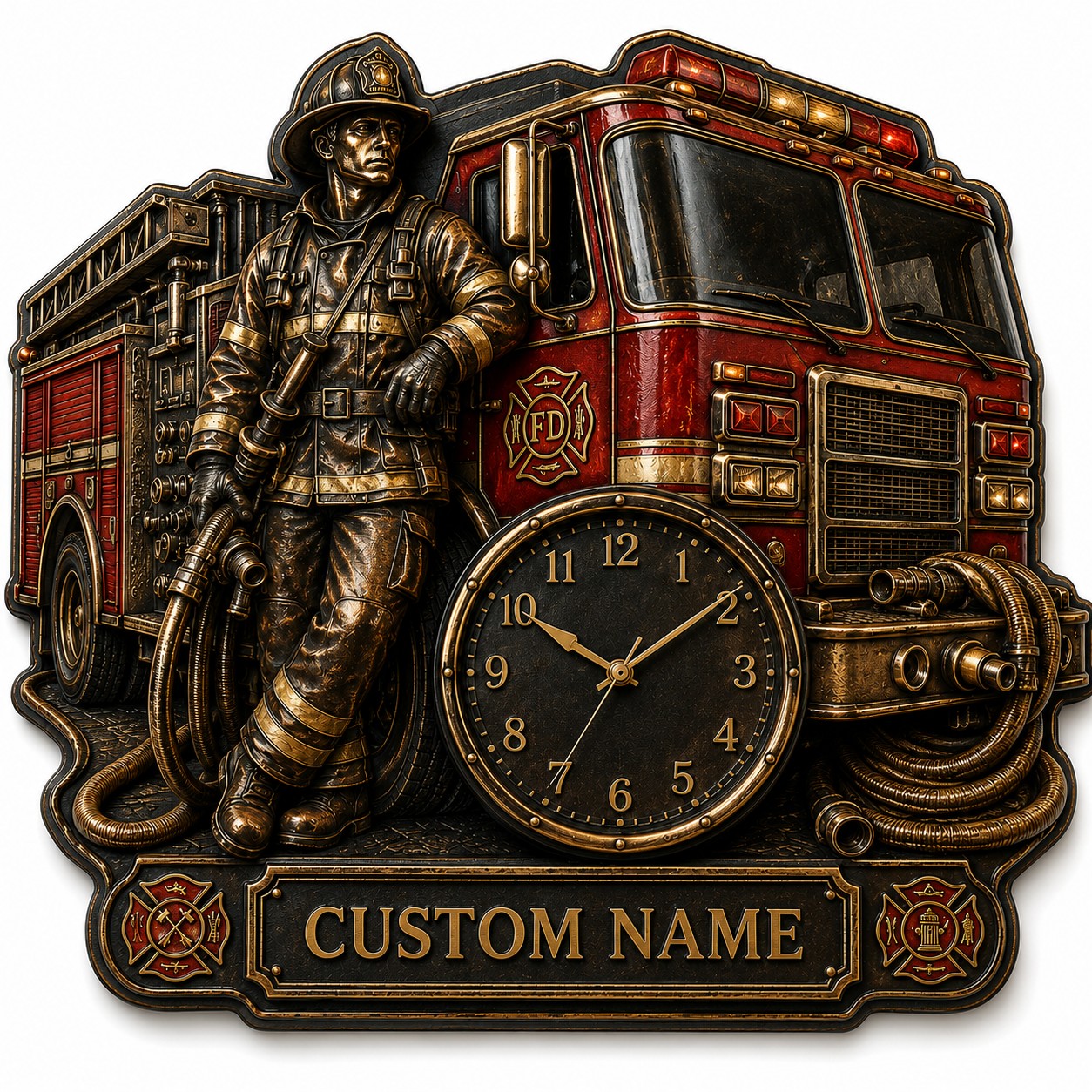 Personalized Fire Engine Collectors Wall Clock with Custom Name — personalized with a custom name