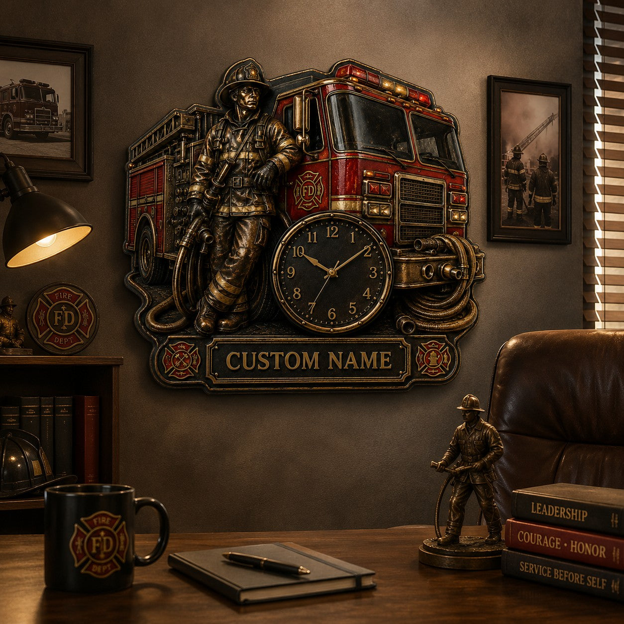 Personalized Fire Engine Collectors Wall Clock with Custom Name — personalized with a custom name
