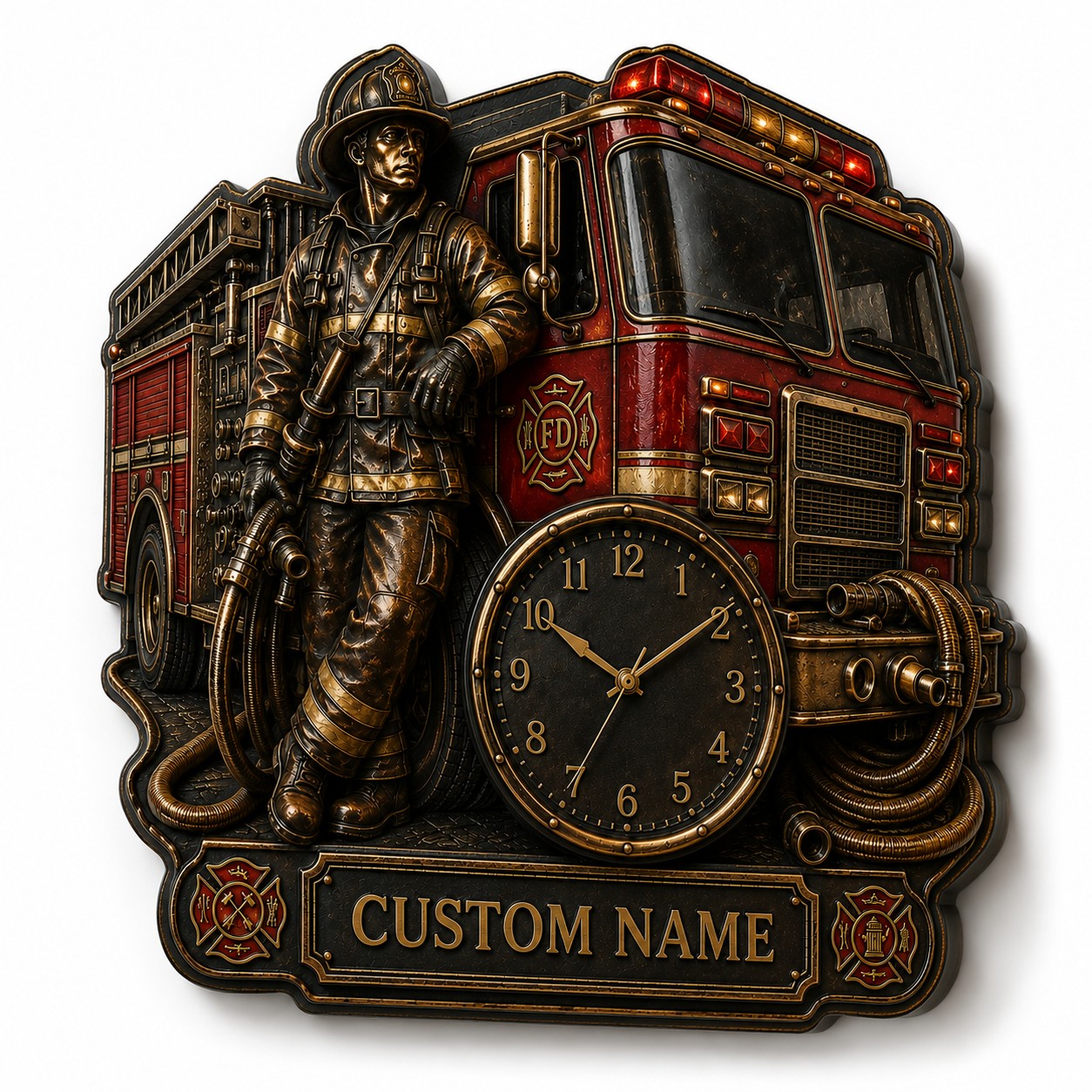 Personalized Fire Engine Collectors Wall Clock with Custom Name — personalized with a custom name