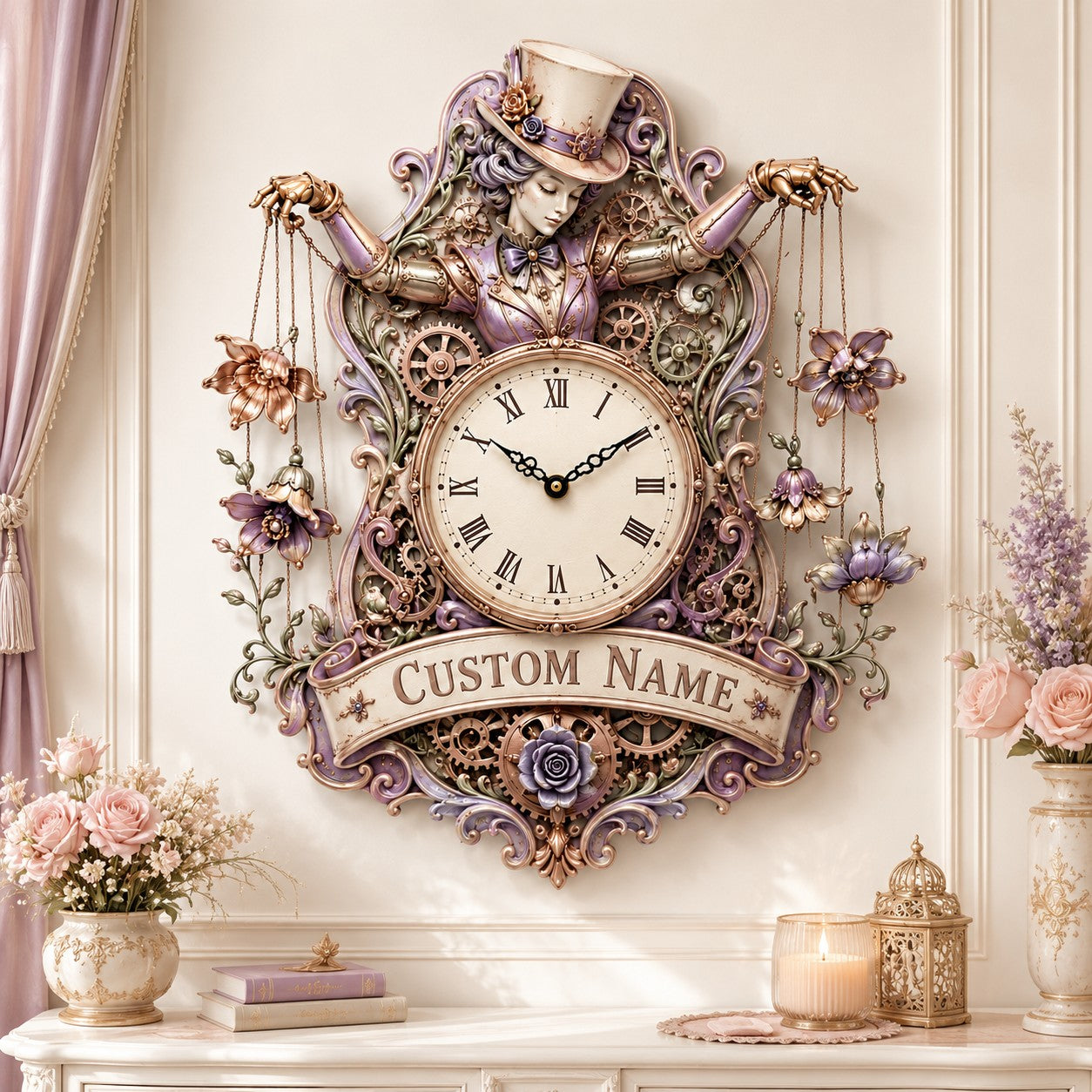 Personalized Floral Puppet Wall Clock with Custom Name — personalized with a custom name