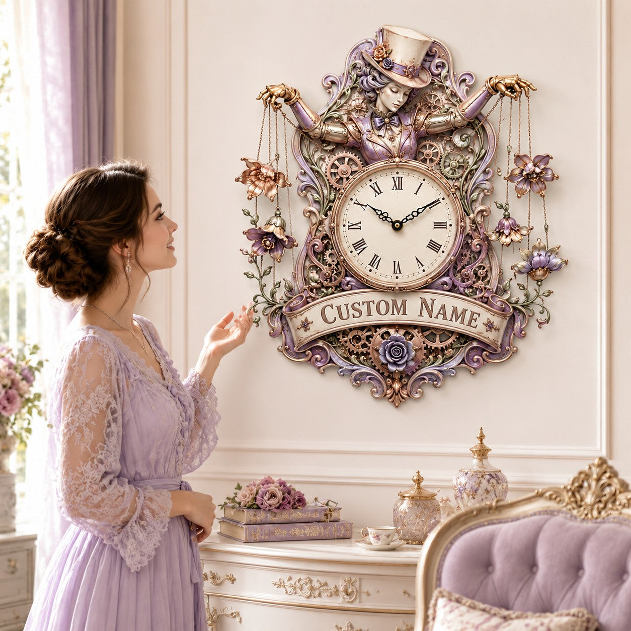 Personalized Floral Puppet Wall Clock with Custom Name — personalized with a custom name