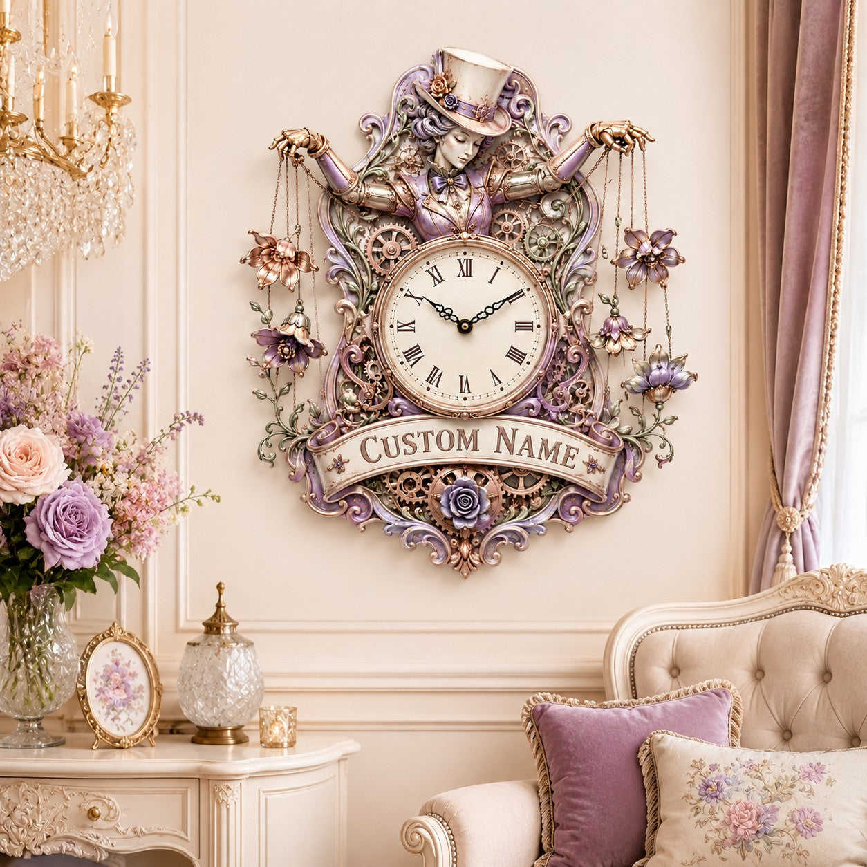 Personalized Floral Puppet Wall Clock with Custom Name — personalized with a custom name