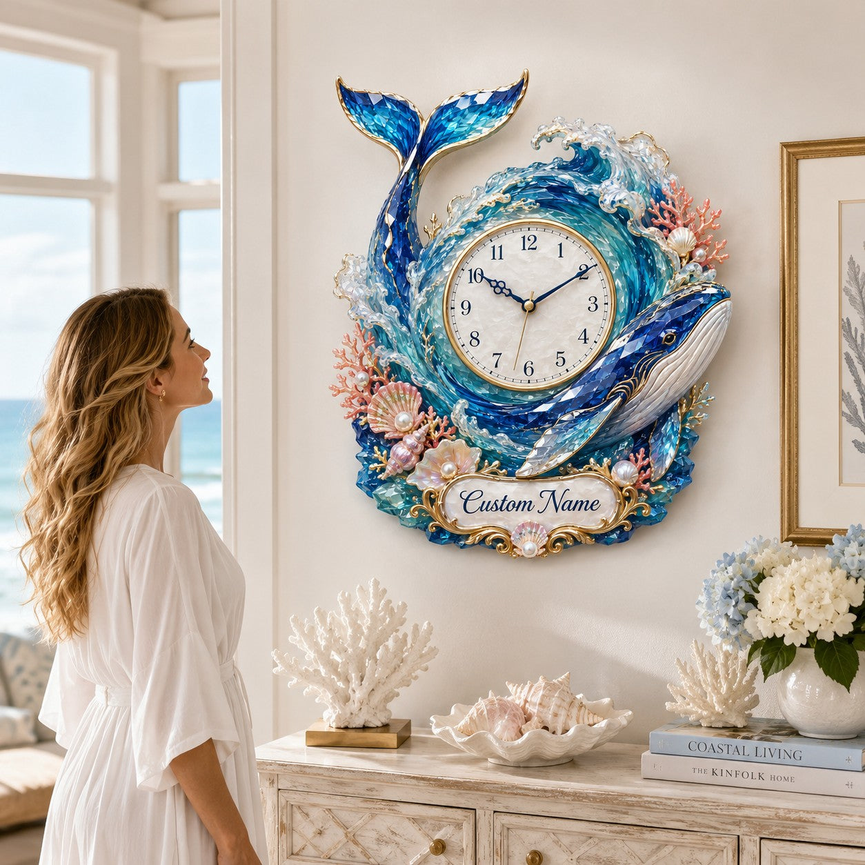 Personalized Whale Wave Wall Clock with Custom Name — personalized with a custom name