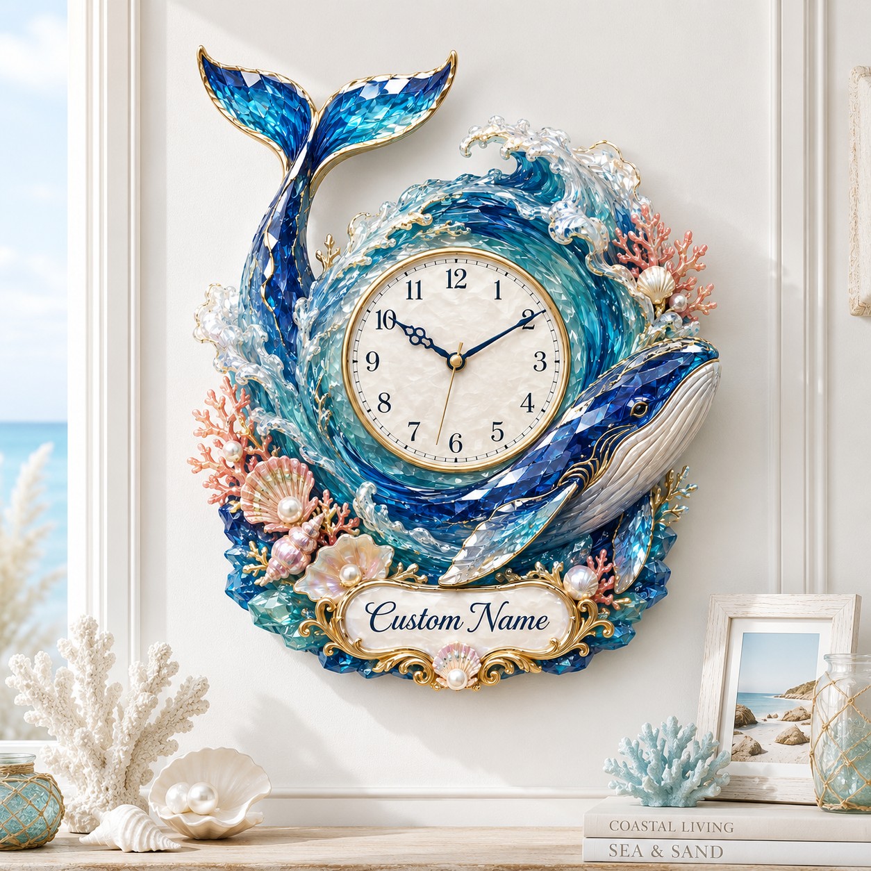 Personalized Whale Wave Wall Clock with Custom Name — personalized with a custom name