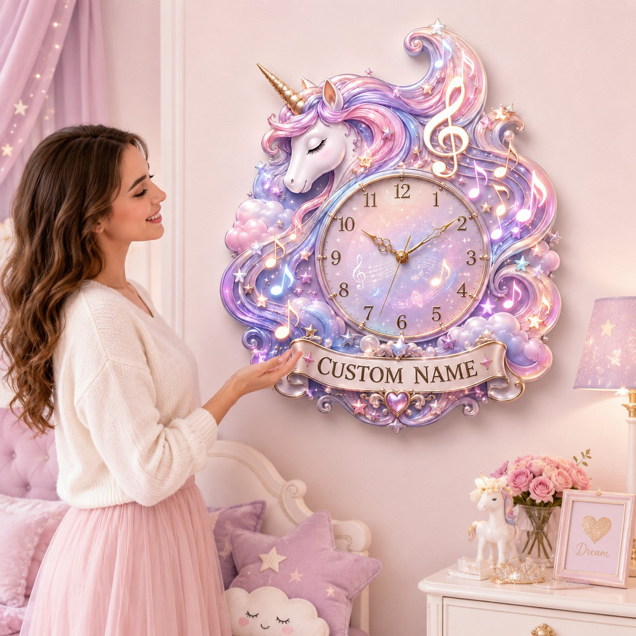 Personalized Musical Unicorn Wall Clock with Custom Name — personalized with a custom name