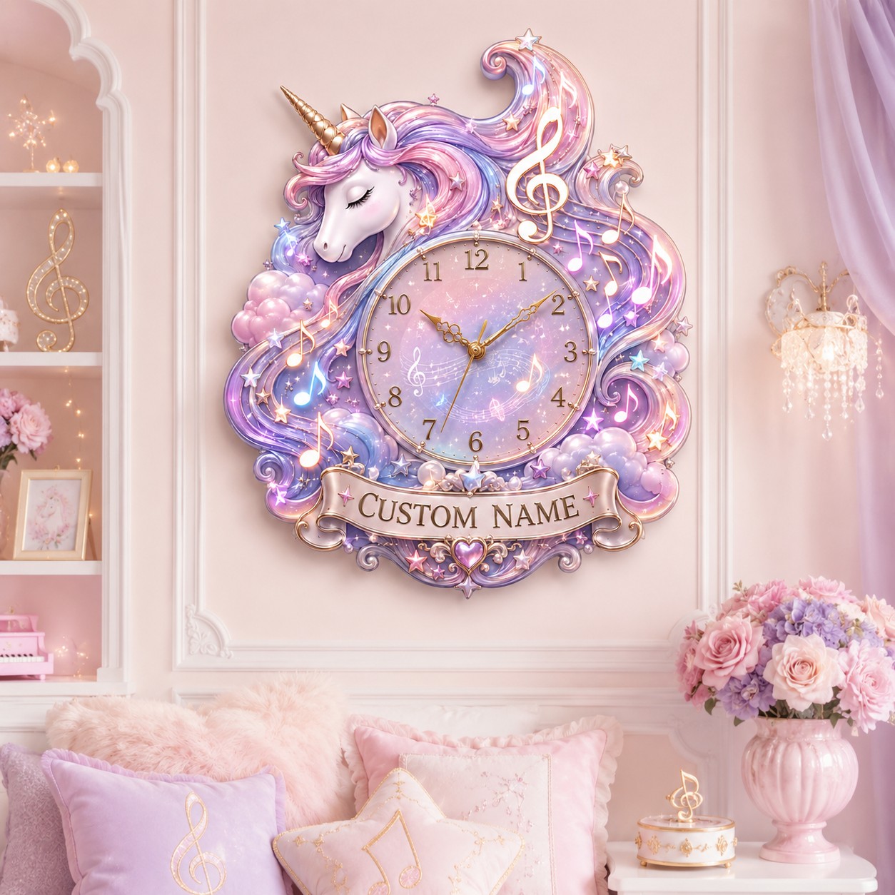 Personalized Musical Unicorn Wall Clock with Custom Name — personalized with a custom name