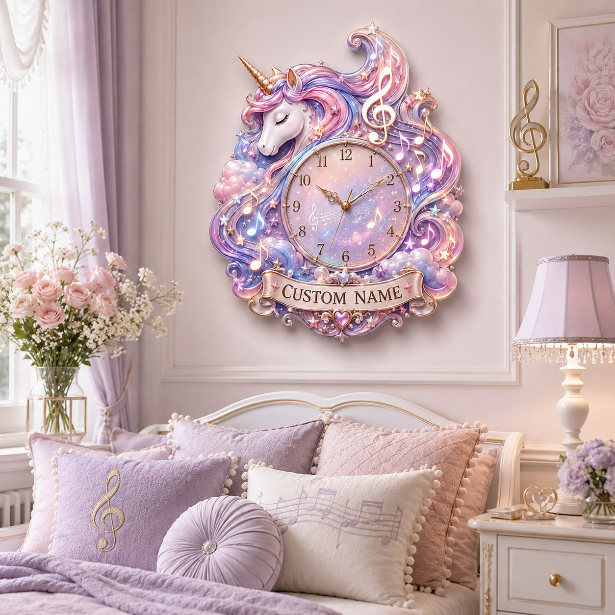Personalized Musical Unicorn Wall Clock with Custom Name — personalized with a custom name