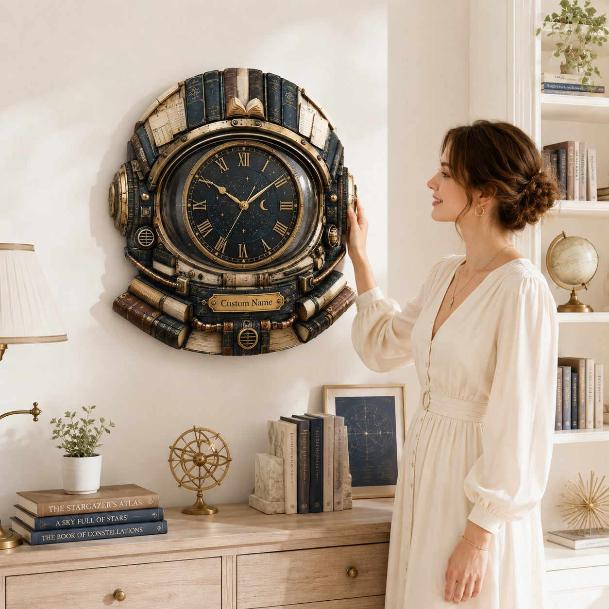 Personalized Astronaut Book Lover Wall Clock with Custom Name (Design 2) — personalized with a custom name