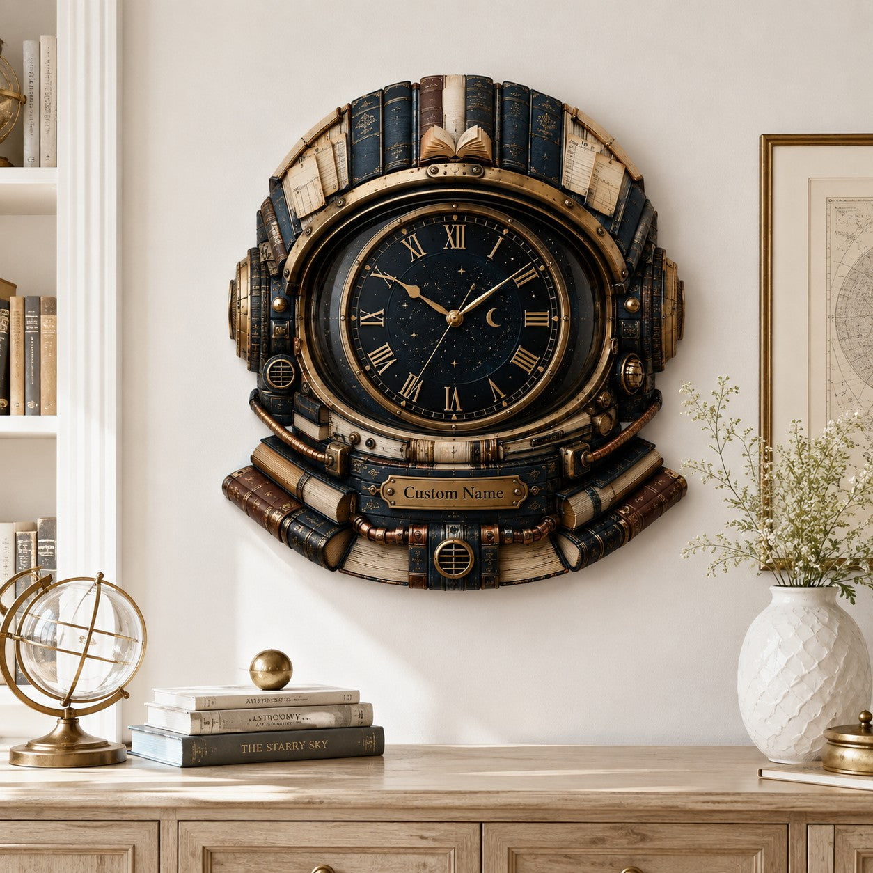 Personalized Astronaut Book Lover Wall Clock with Custom Name (Design 2) — personalized with a custom name
