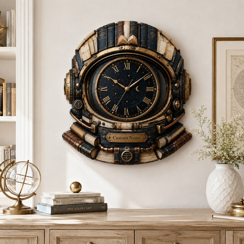 Personalized Astronaut Book Lover Wall Clock with Custom Name (Design 2) — personalized with a custom name