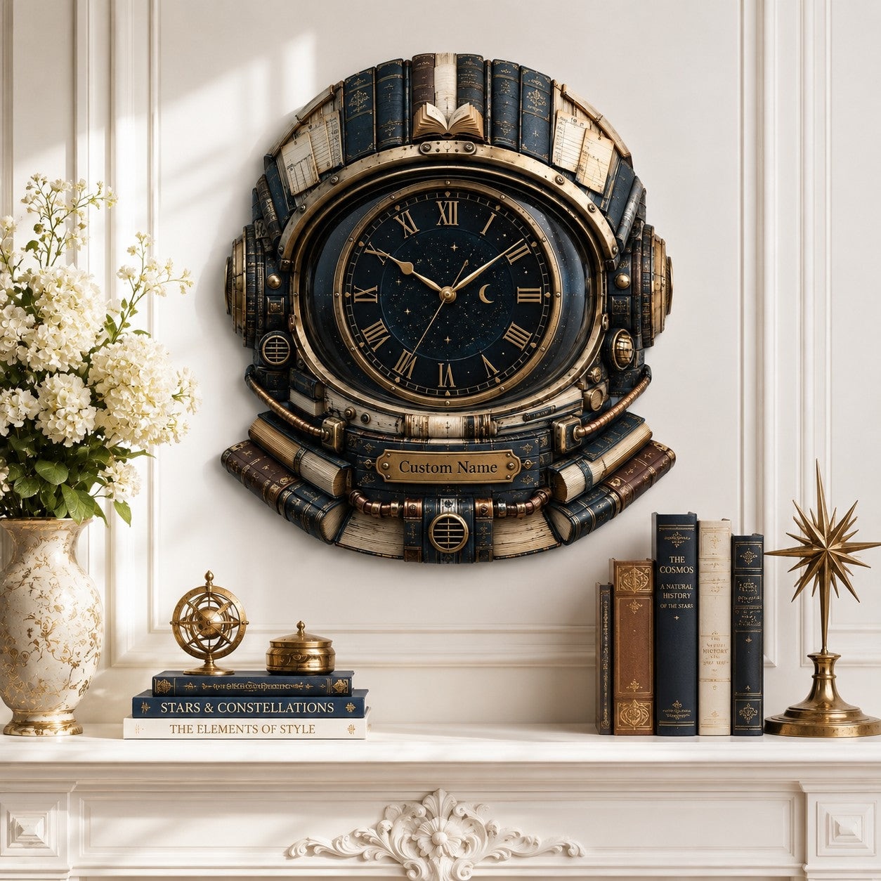 Personalized Astronaut Book Lover Wall Clock with Custom Name (Design 2) — personalized with a custom name