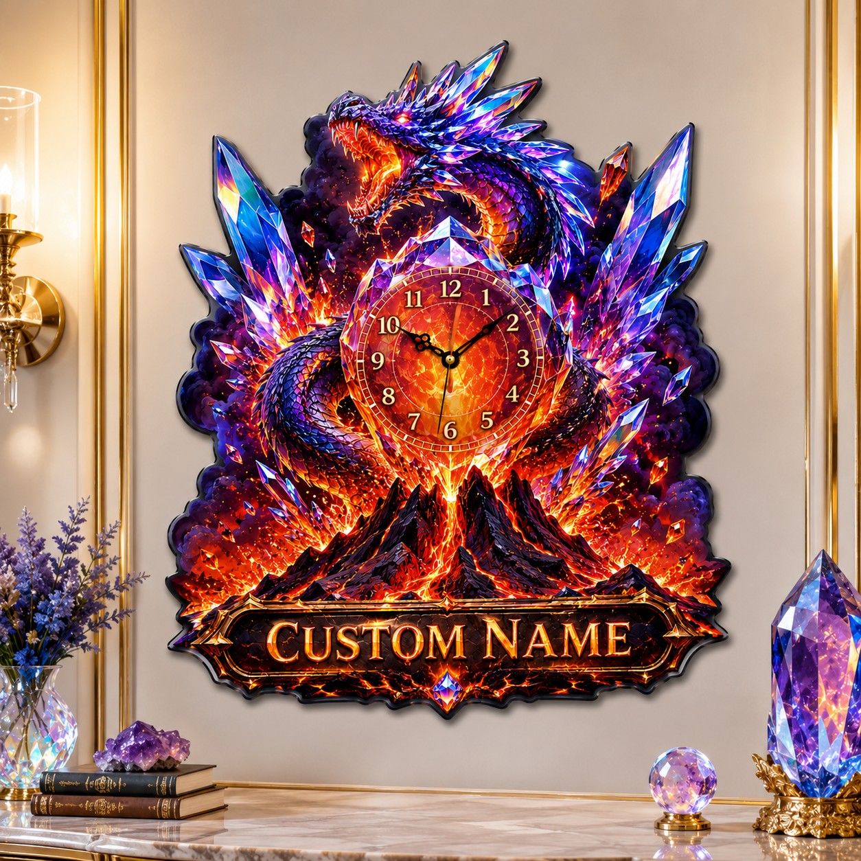 Personalized Crystal Dragon Wall Clock with Custom Name — personalized with a custom name