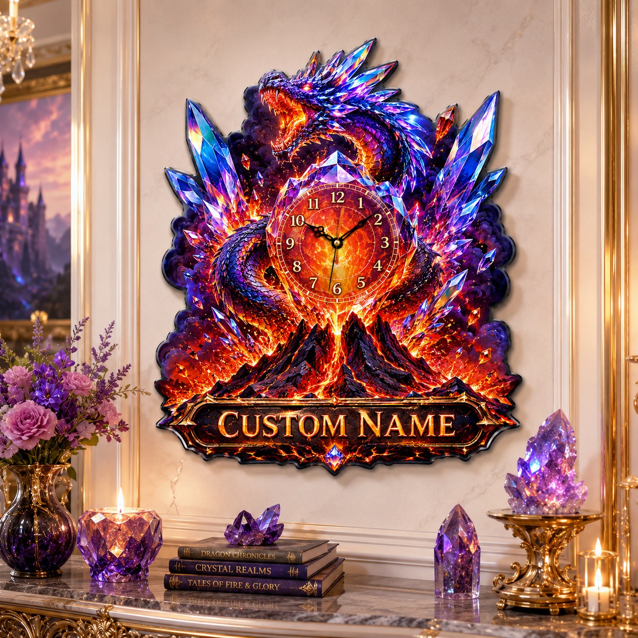Personalized Crystal Dragon Wall Clock with Custom Name — personalized with a custom name