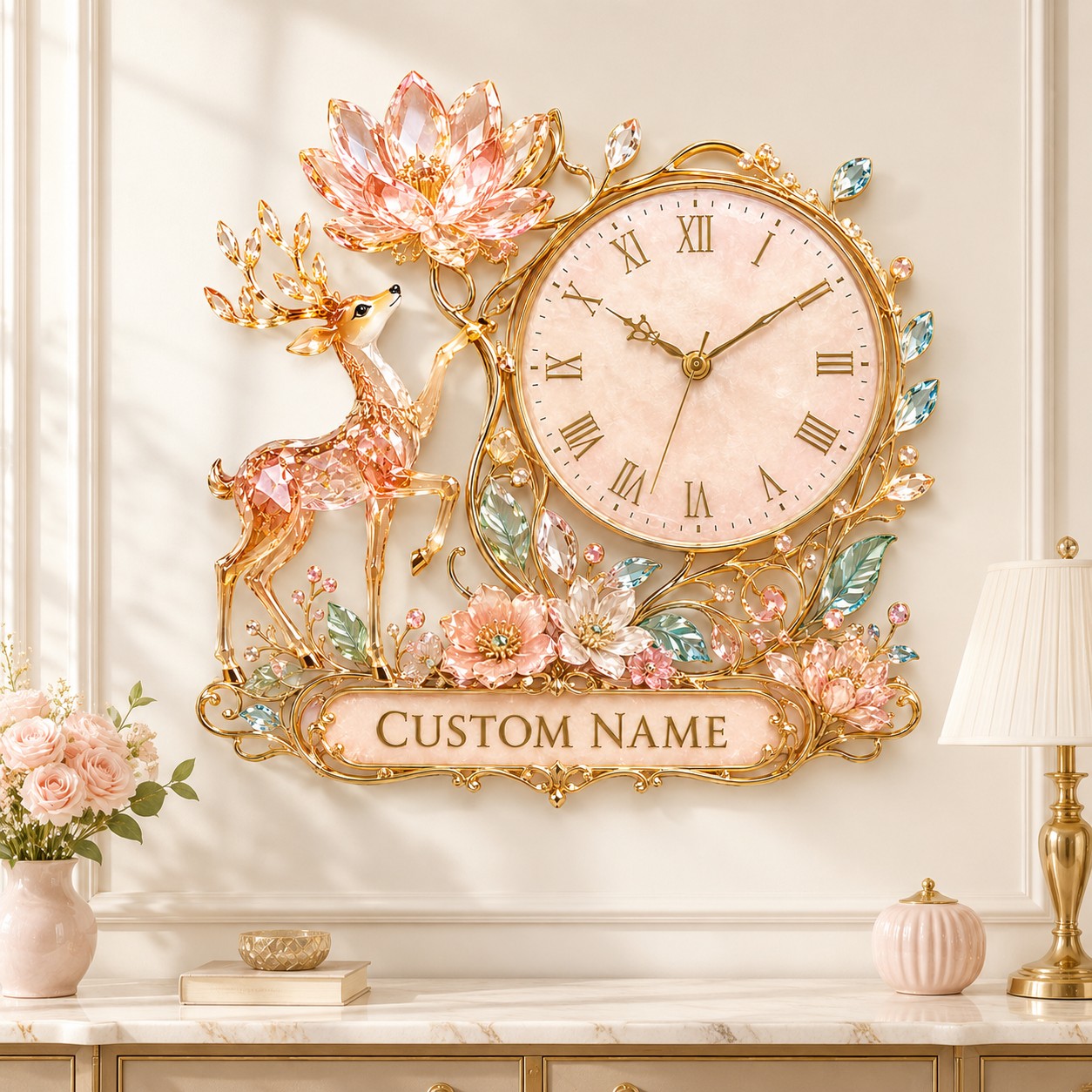 Personalized Pink Crystal Deer and Lotus Wall Clock with Custom Name — personalized with a custom name