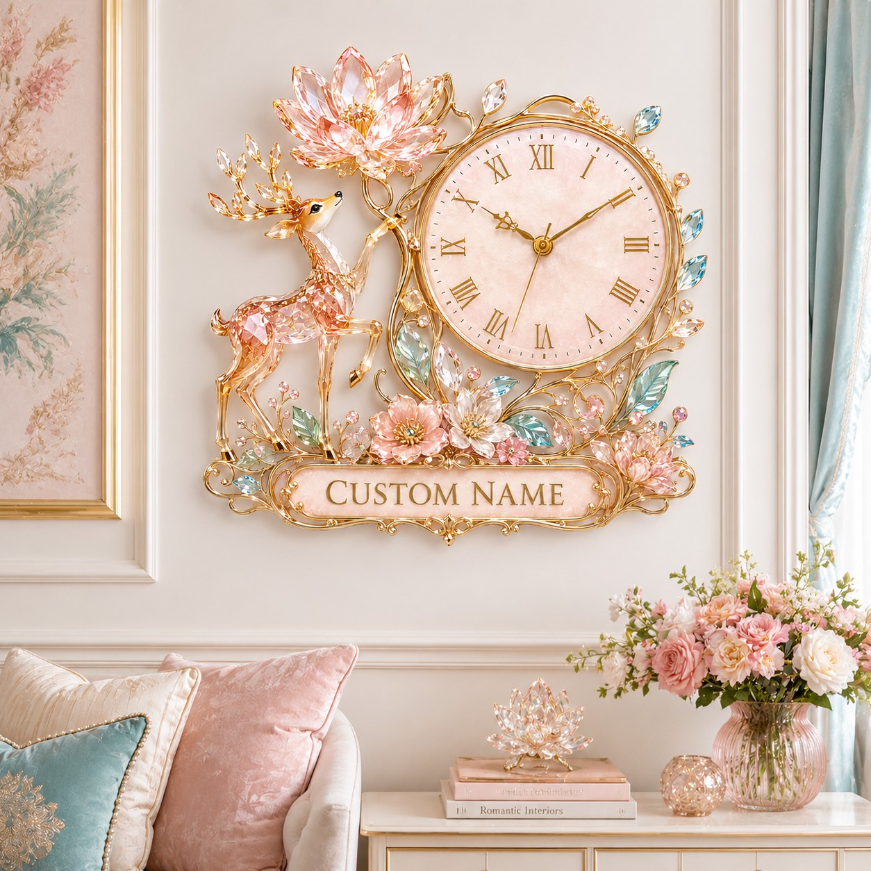 Personalized Pink Crystal Deer and Lotus Wall Clock with Custom Name — personalized with a custom name