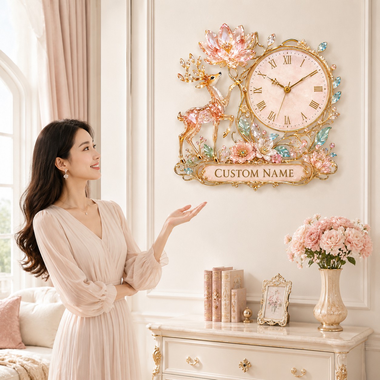 Personalized Pink Crystal Deer and Lotus Wall Clock with Custom Name — personalized with a custom name