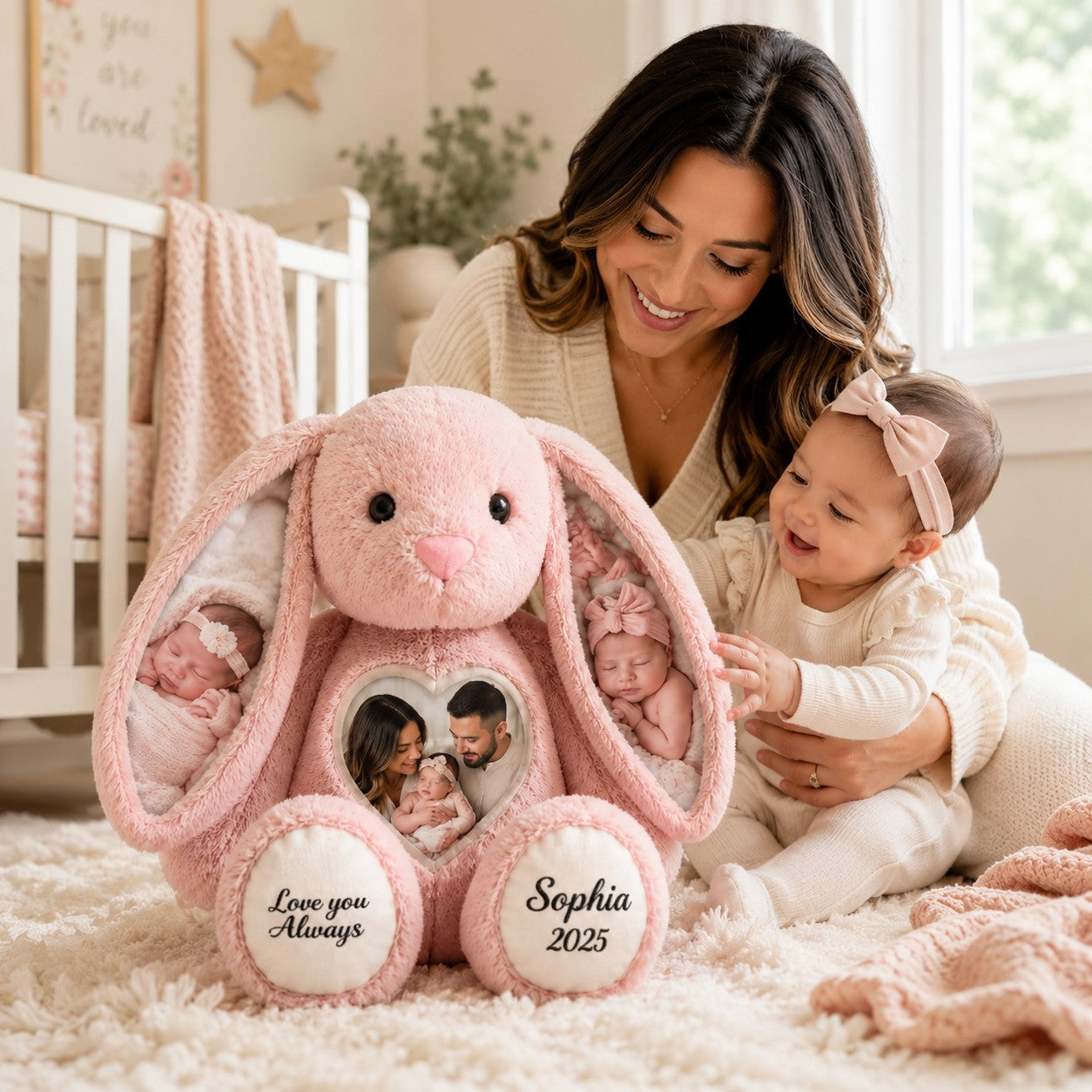 Personalized Baby Photo Bunny Wall Clock with Custom Name — personalized with a custom name