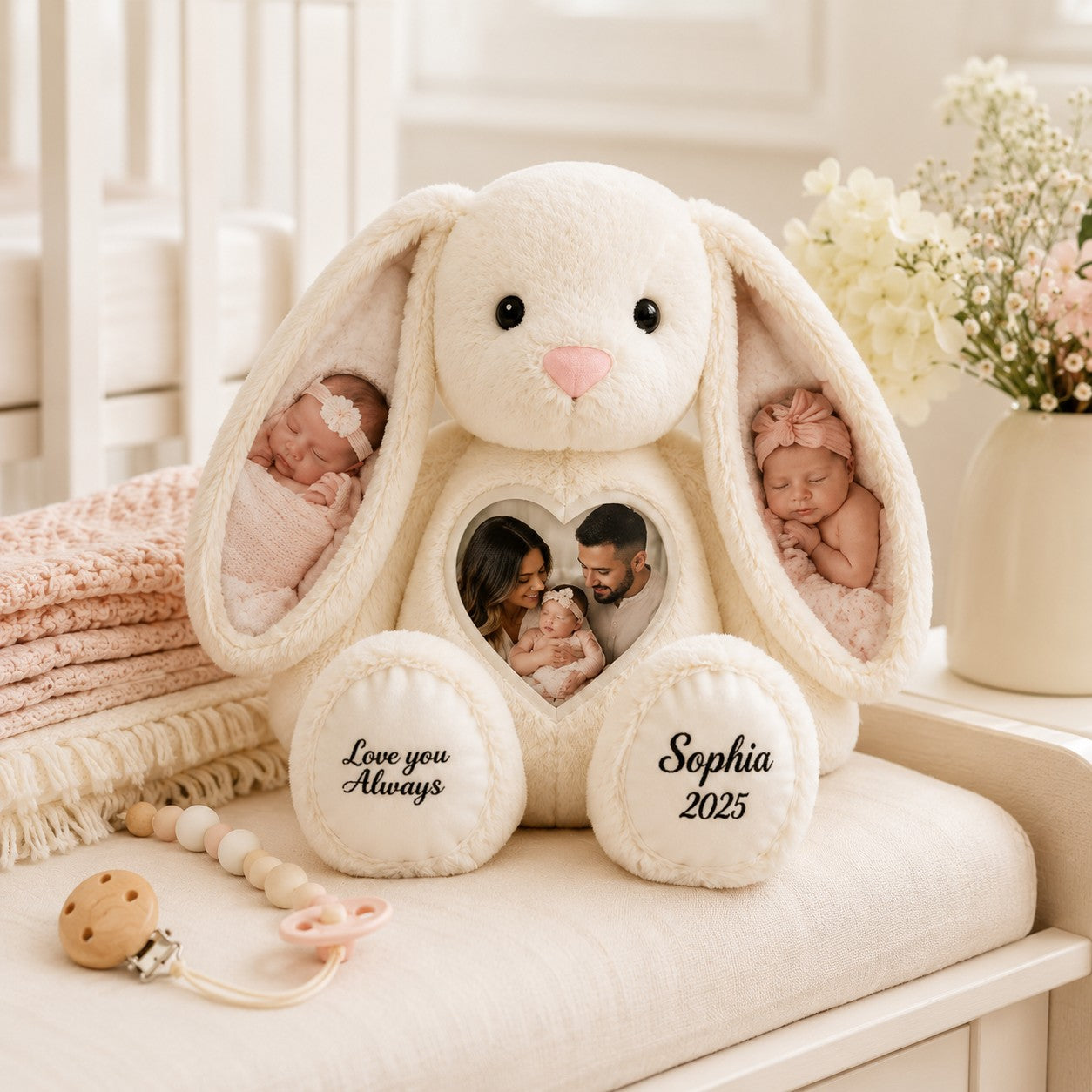 Personalized Baby Photo Bunny Wall Clock with Custom Name — personalized with a custom name