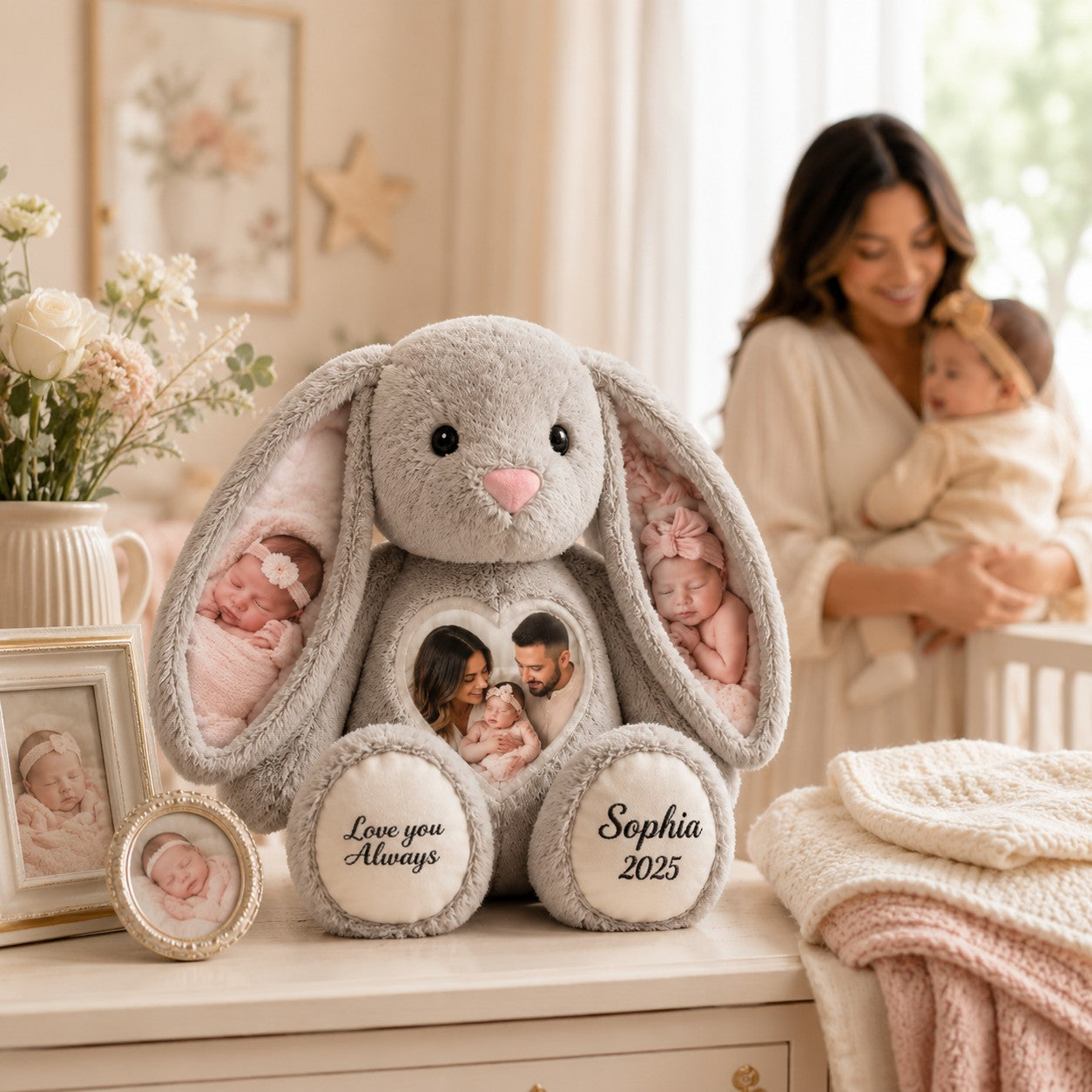 Personalized Baby Photo Bunny Wall Clock with Custom Name — personalized with a custom name