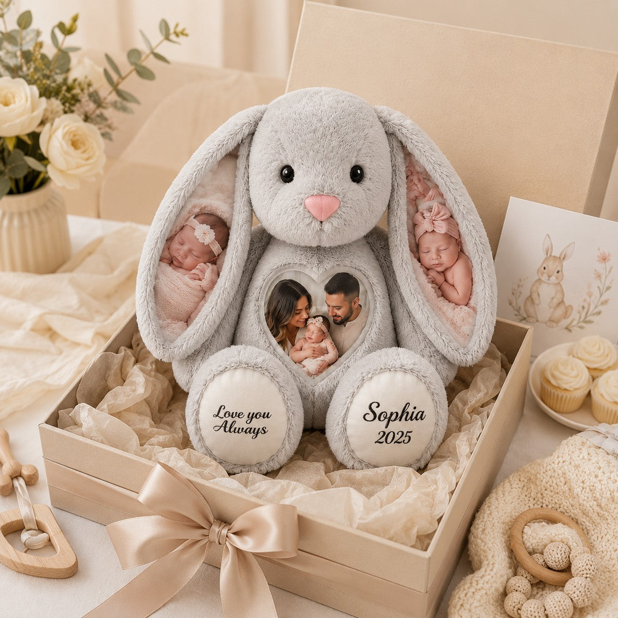 Personalized Baby Photo Bunny Wall Clock with Custom Name — personalized with a custom name