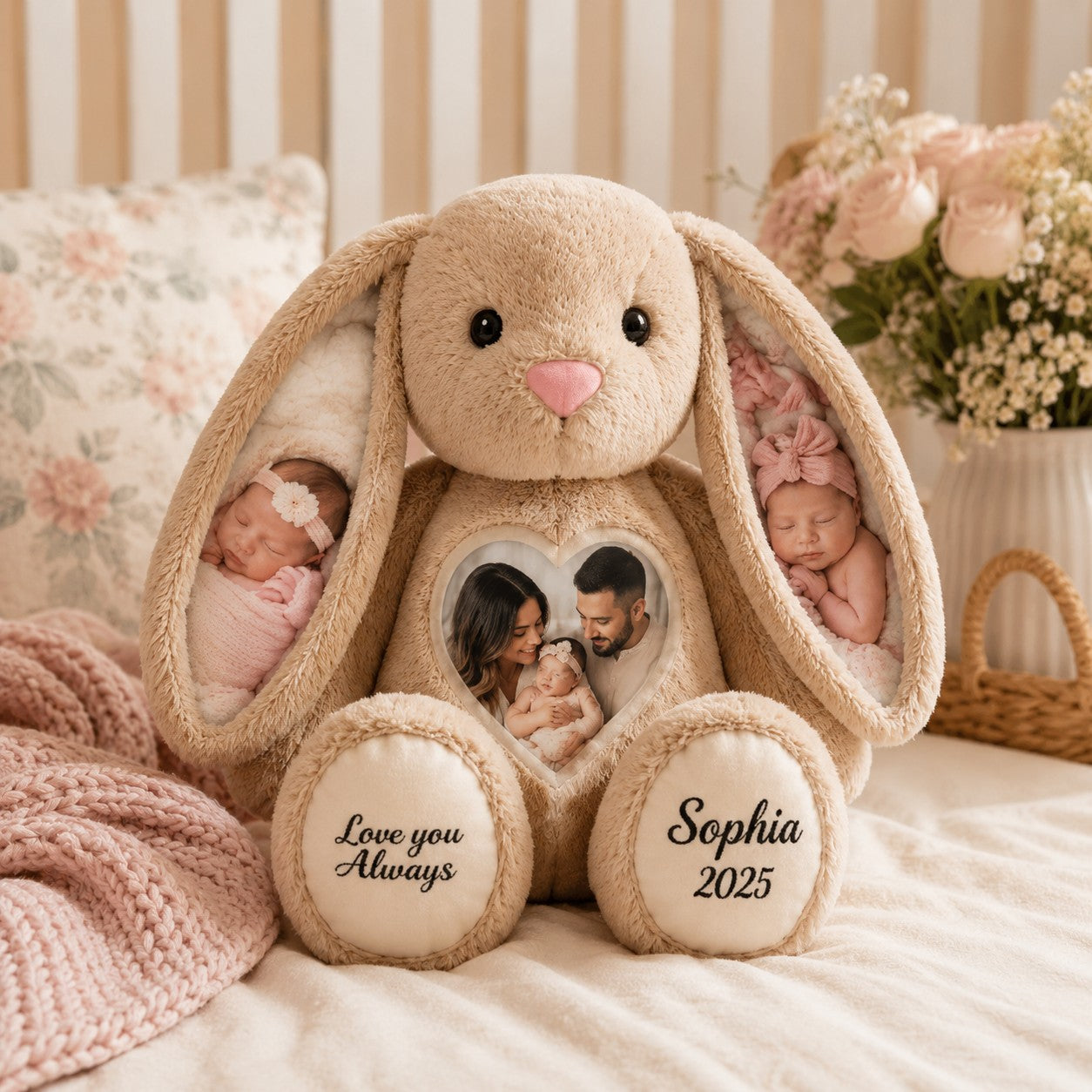 Personalized Baby Photo Bunny Wall Clock with Custom Name — personalized with a custom name