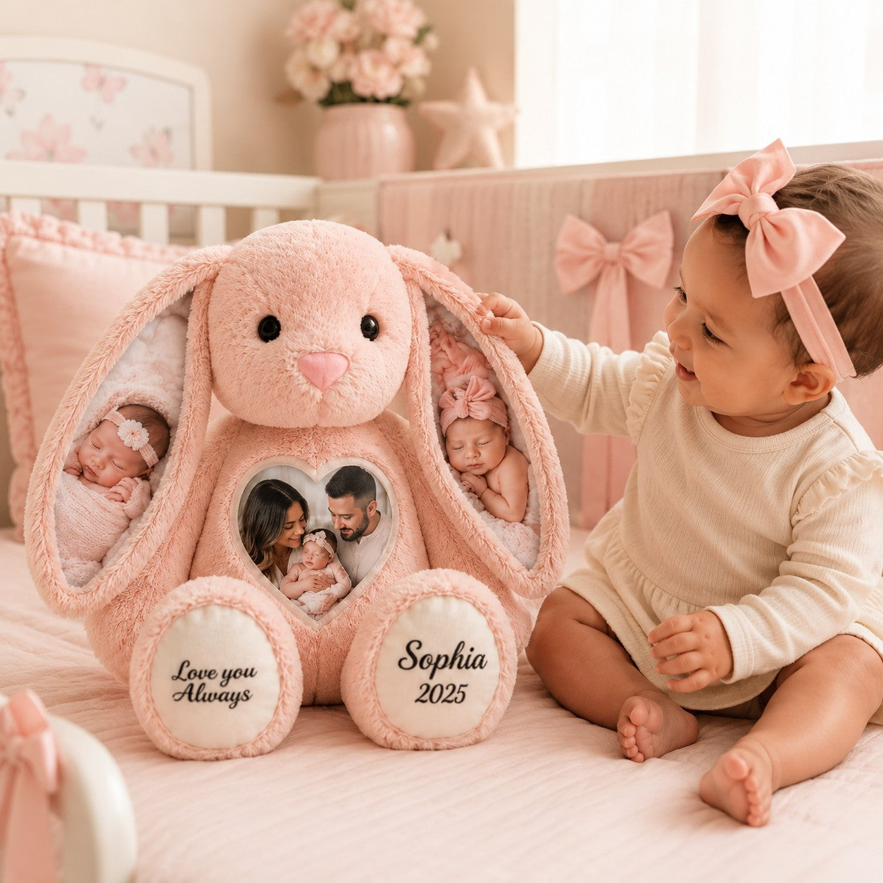 Personalized Baby Photo Bunny Wall Clock with Custom Name — personalized with a custom name
