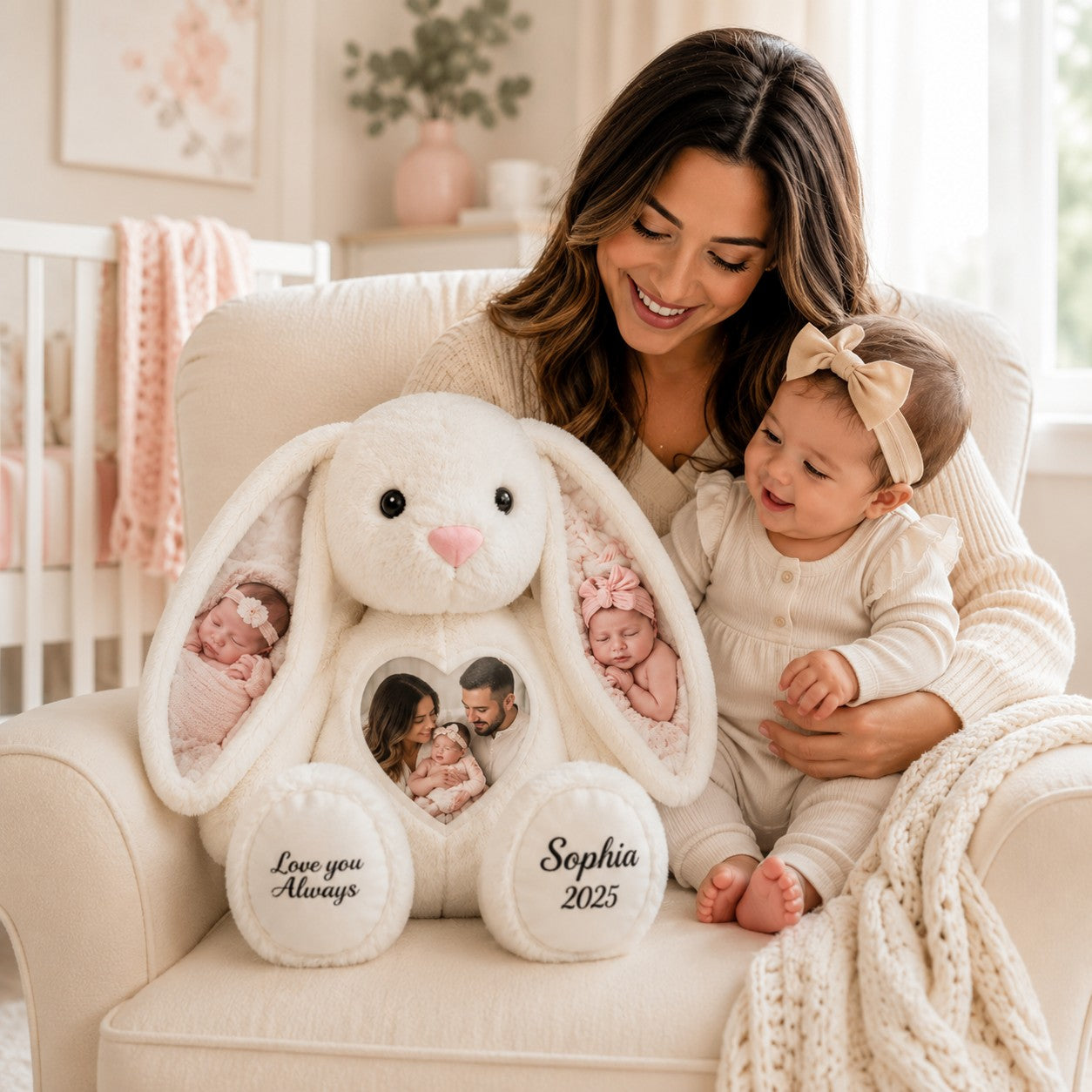 Personalized Baby Photo Bunny Wall Clock with Custom Name — personalized with a custom name