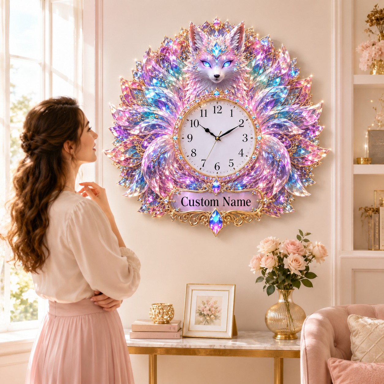 Personalized Crystal Fox Wall Clock with Custom Name — personalized with a custom name